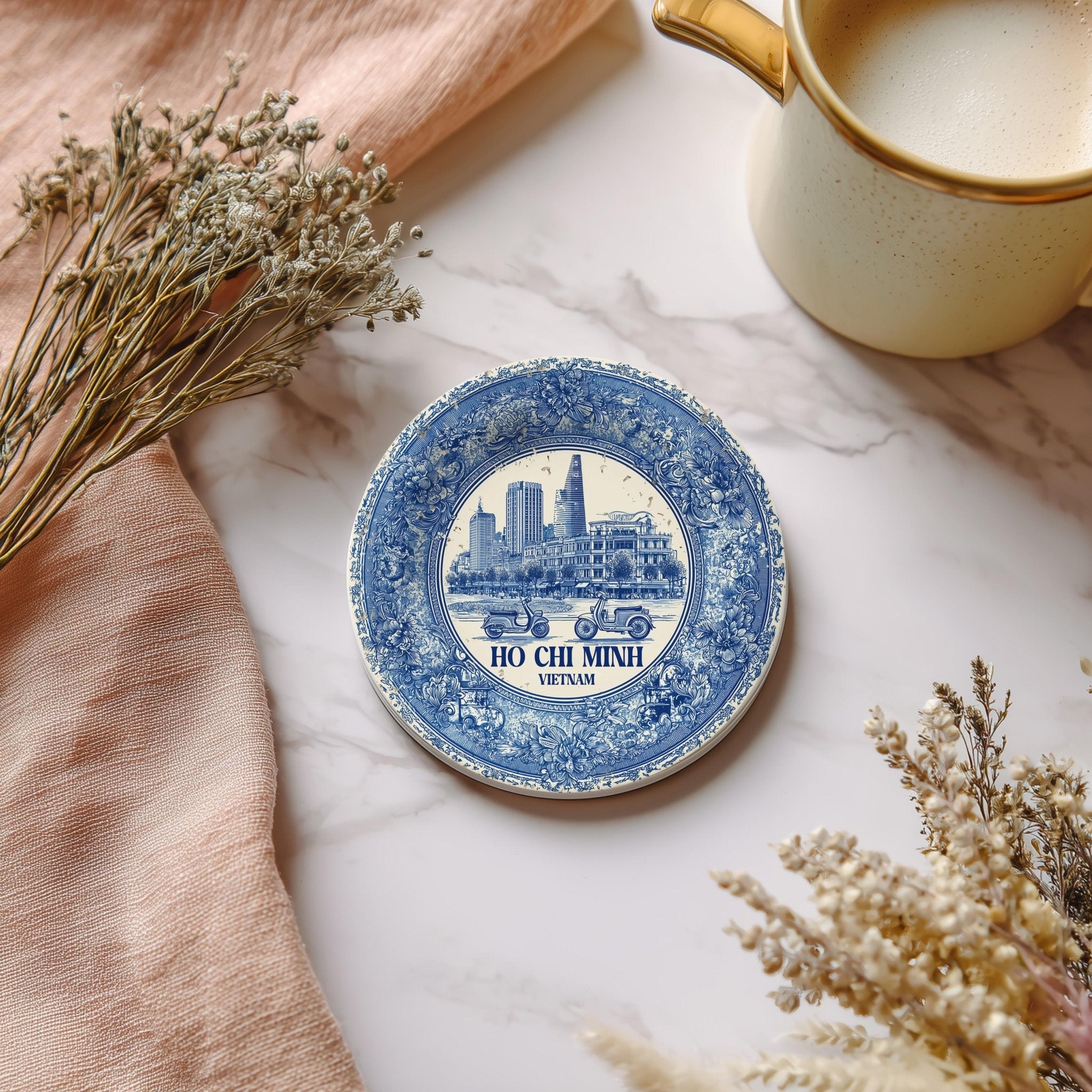 Ho Chi Minh City Vietnam Delftware Ceramic Coaster, Blue White Travel Gift, Vintage Home Decor Collectible - CuteBeePix