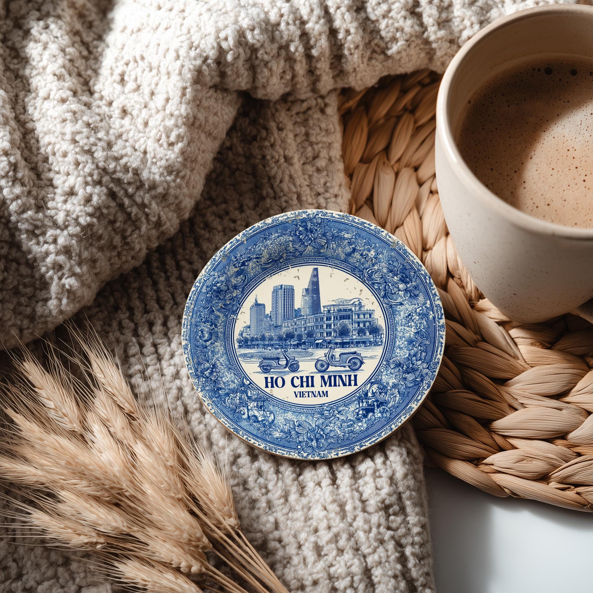 Ho Chi Minh City Vietnam Delftware Ceramic Coaster, Blue White Travel Gift, Vintage Home Decor Collectible - CuteBeePix