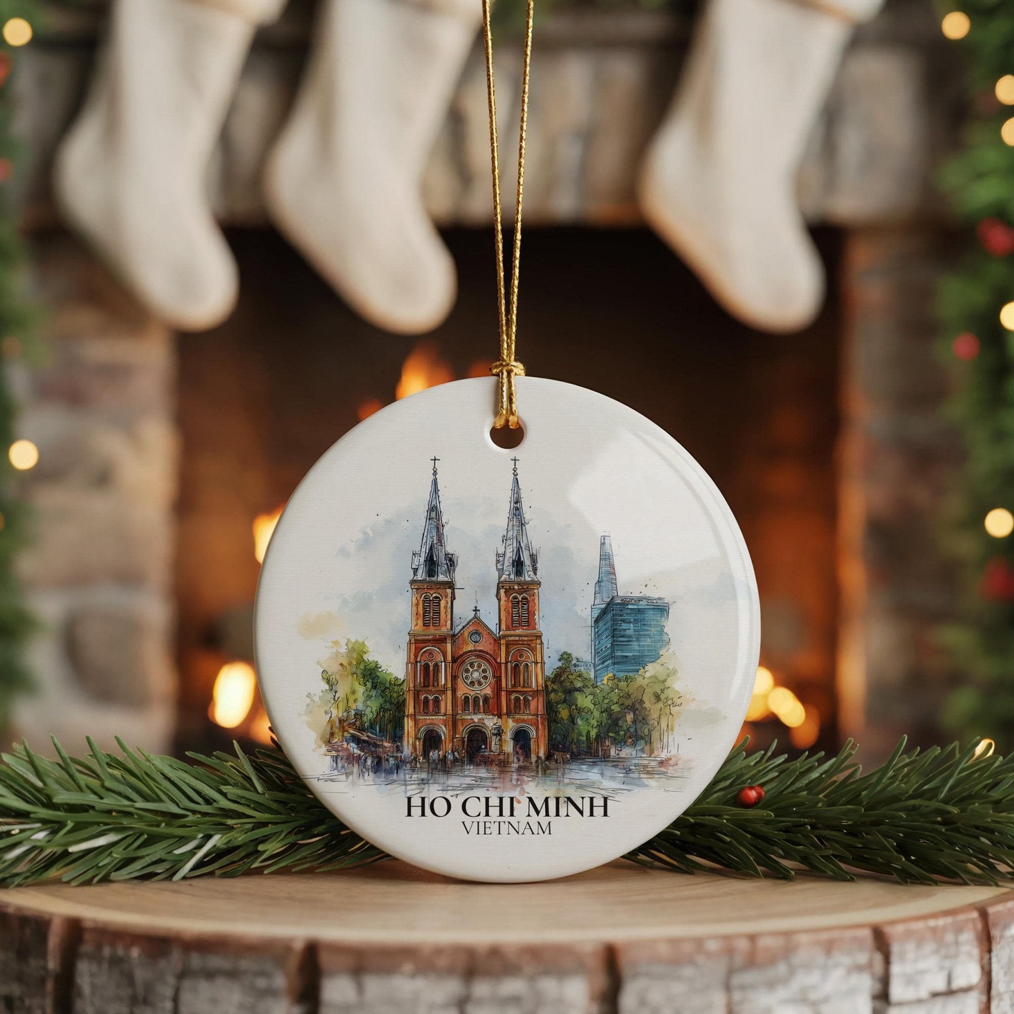 Ho Chi Minh City Vietnam Personalized Watercolor Ornament, Custom Ceramic Christmas gift, Travel Keepsake - CuteBeePix