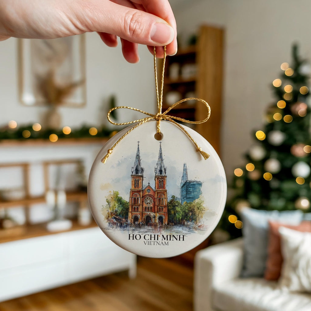 Ho Chi Minh City Vietnam Personalized Watercolor Ornament, Custom Ceramic Christmas gift, Travel Keepsake - CuteBeePix