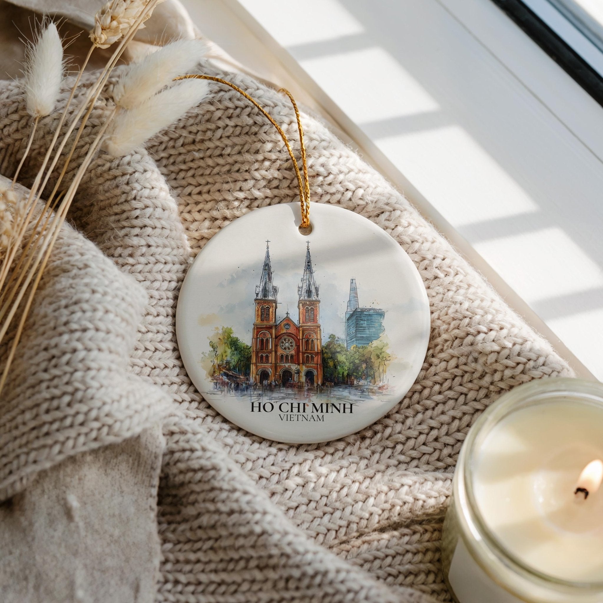 Ho Chi Minh City Vietnam Personalized Watercolor Ornament, Custom Ceramic Christmas gift, Travel Keepsake - CuteBeePix
