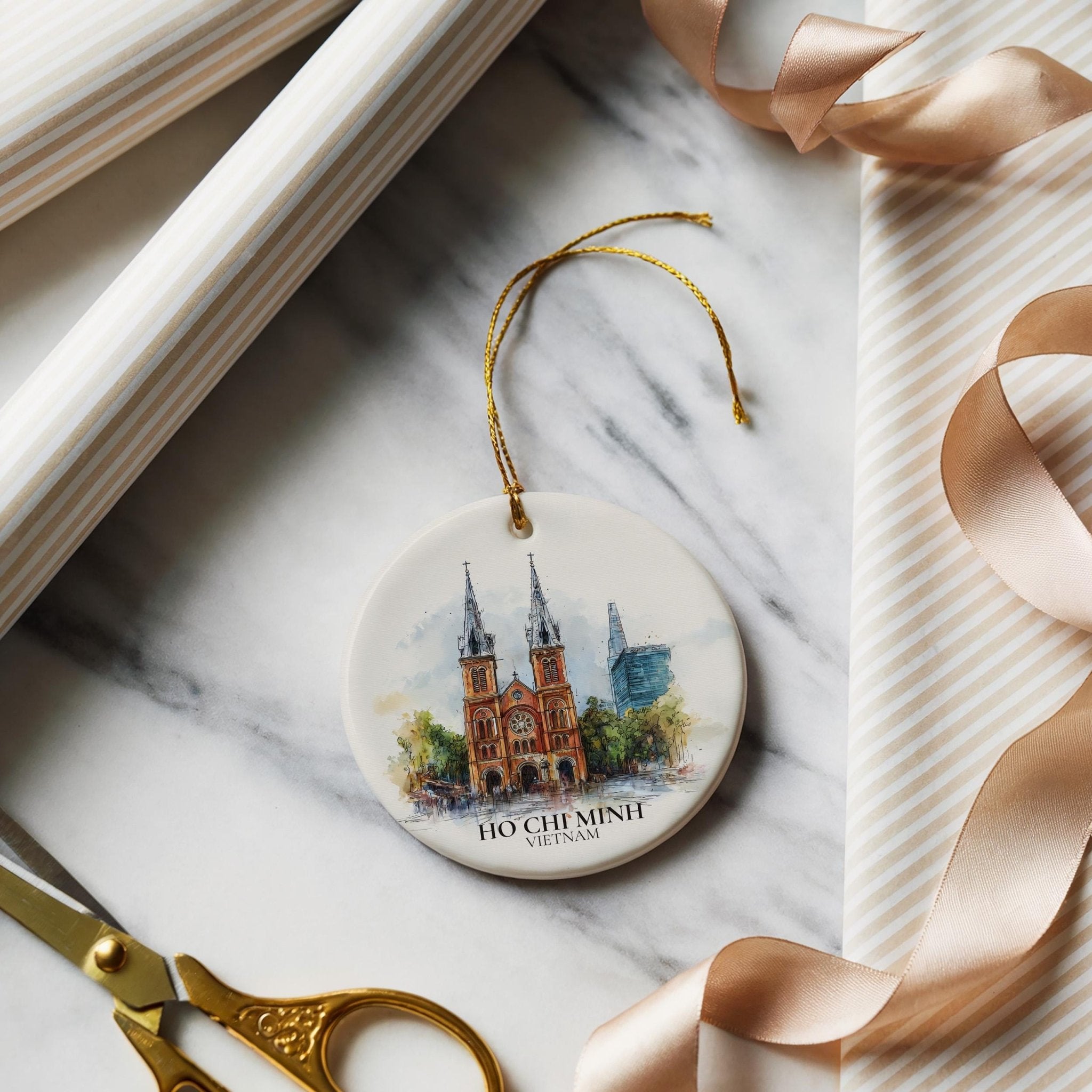Ho Chi Minh City Vietnam Personalized Watercolor Ornament, Custom Ceramic Christmas gift, Travel Keepsake - CuteBeePix