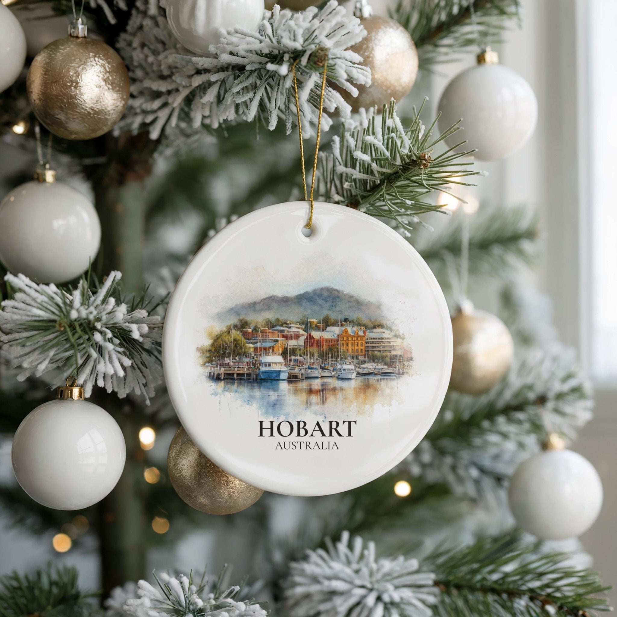 Hobart Australia Personalized Watercolor Ornament, Custom Ceramic Christmas gift, Travel Keepsake - CuteBeePix