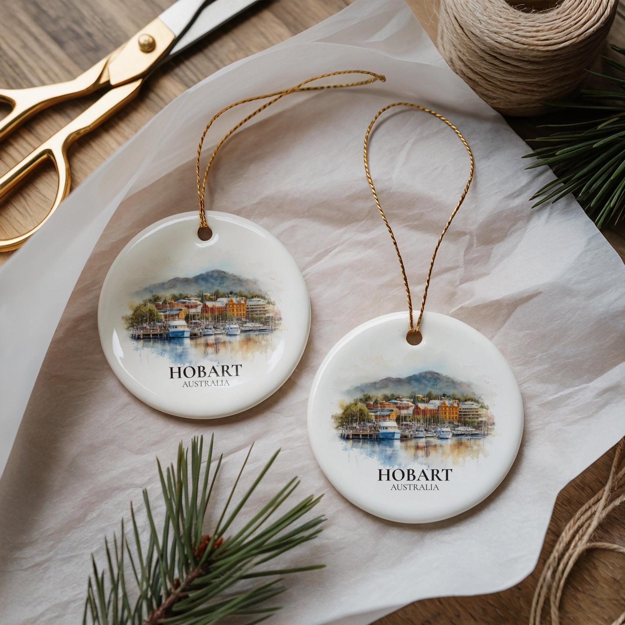 Hobart Australia Personalized Watercolor Ornament, Custom Ceramic Christmas gift, Travel Keepsake - CuteBeePix
