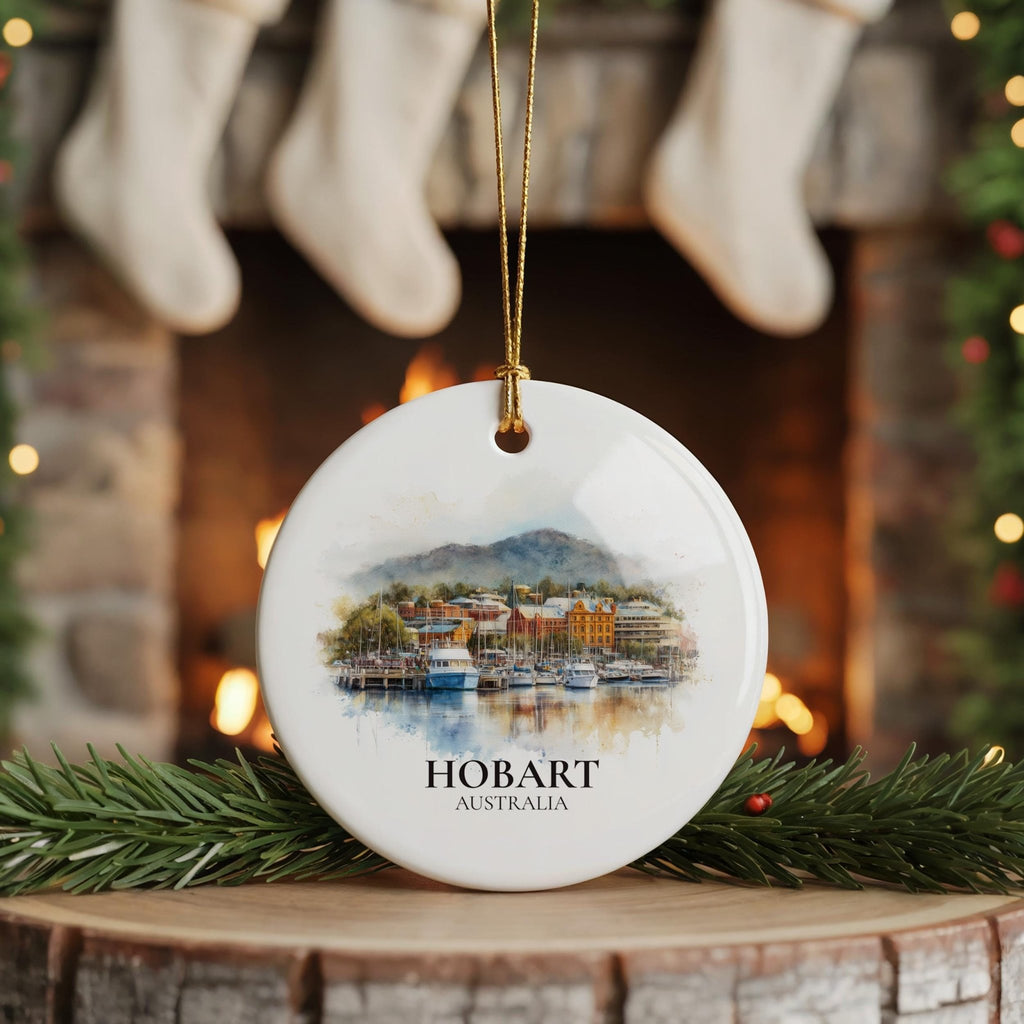 Hobart Australia Personalized Watercolor Ornament, Custom Ceramic Christmas gift, Travel Keepsake - CuteBeePix