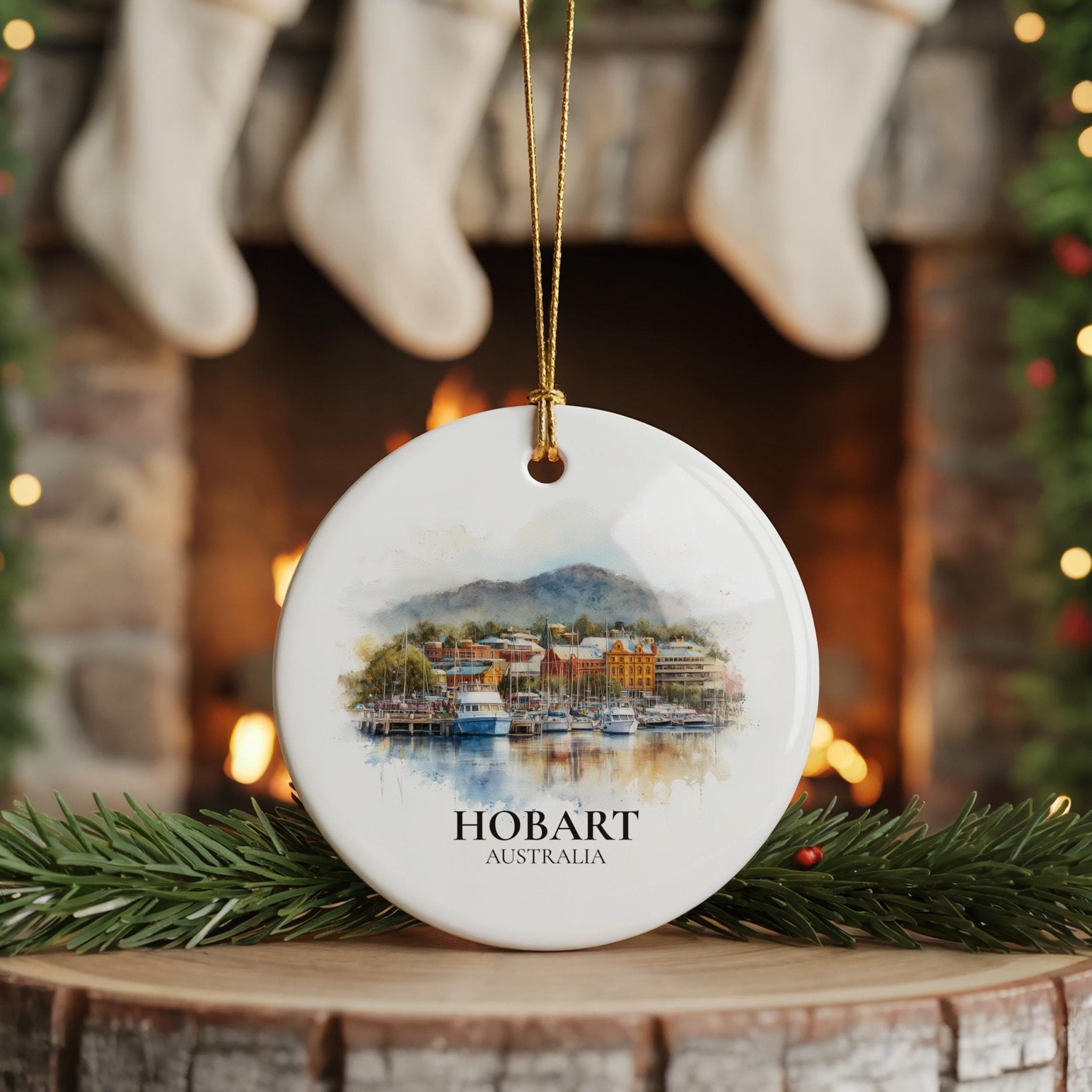 Hobart Australia Personalized Watercolor Ornament, Custom Ceramic Christmas gift, Travel Keepsake - CuteBeePix