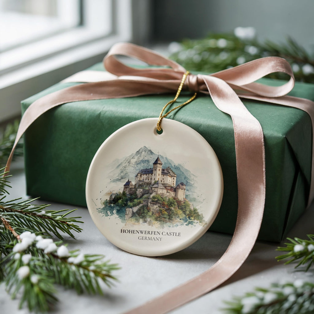 Hohenwerfen Castle Austria Personalized Watercolor Ornament, Custom Ceramic Christmas gift, Travel Keepsake - CuteBeePix