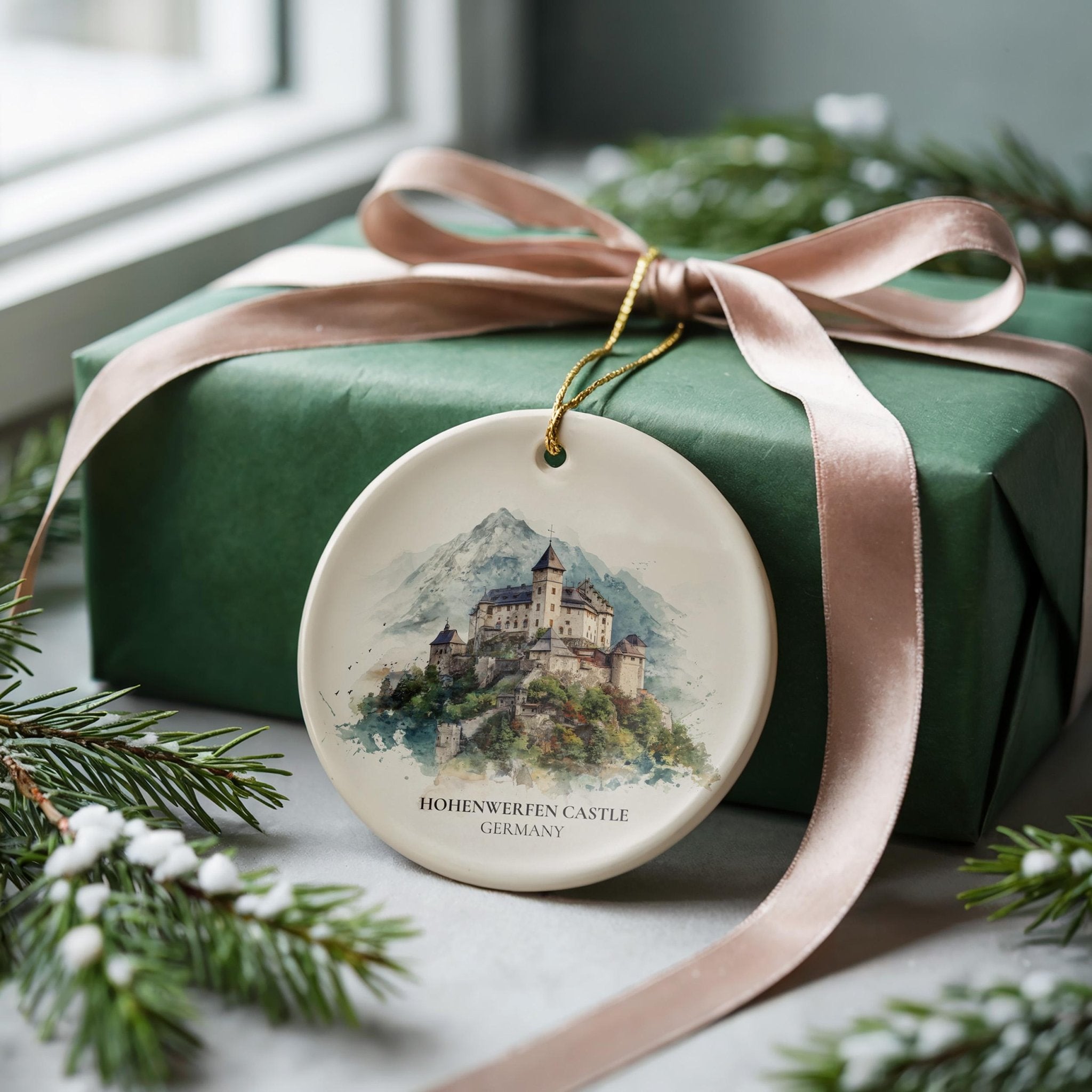 Hohenwerfen Castle Austria Personalized Watercolor Ornament, Custom Ceramic Christmas gift, Travel Keepsake - CuteBeePix