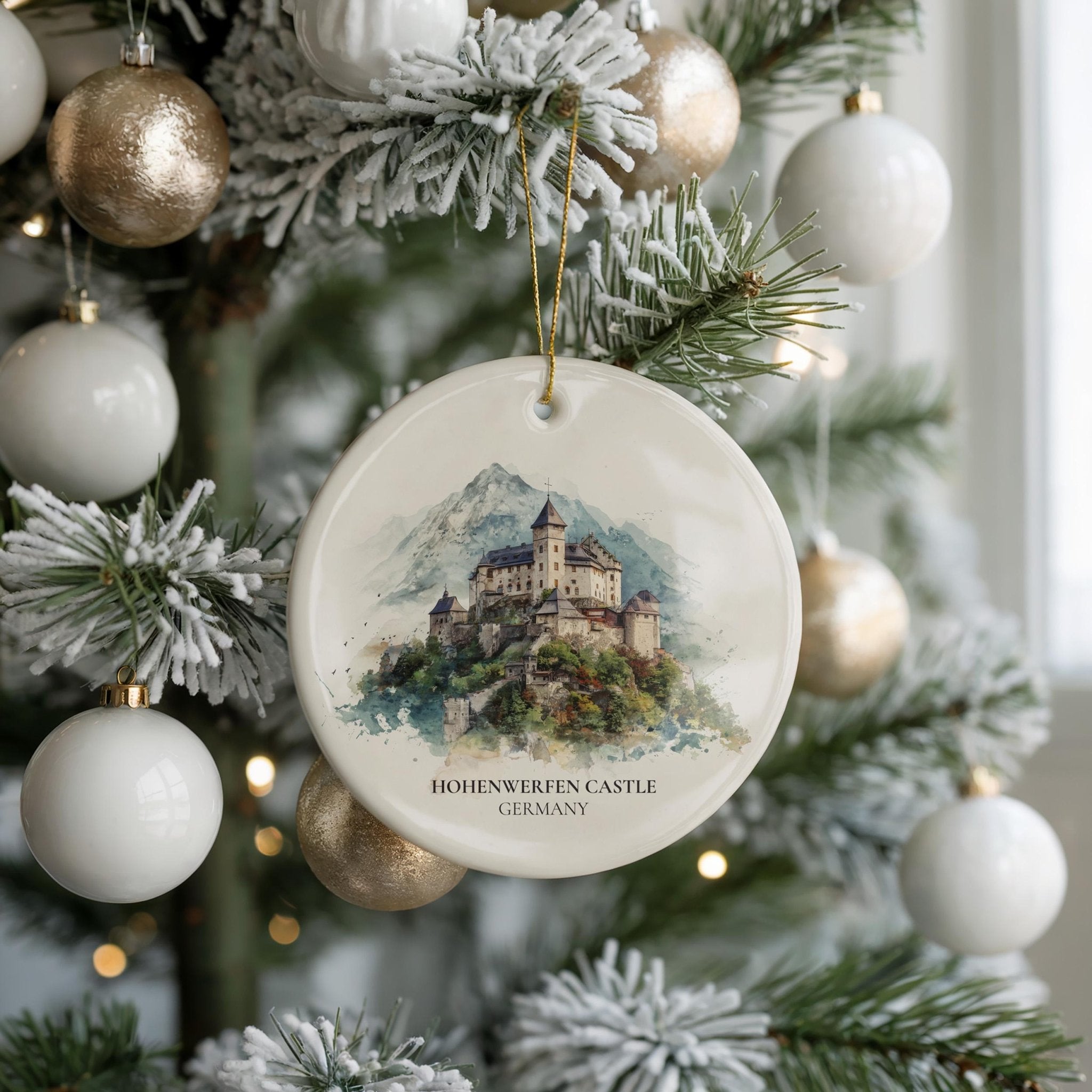 Hohenwerfen Castle Austria Personalized Watercolor Ornament, Custom Ceramic Christmas gift, Travel Keepsake - CuteBeePix