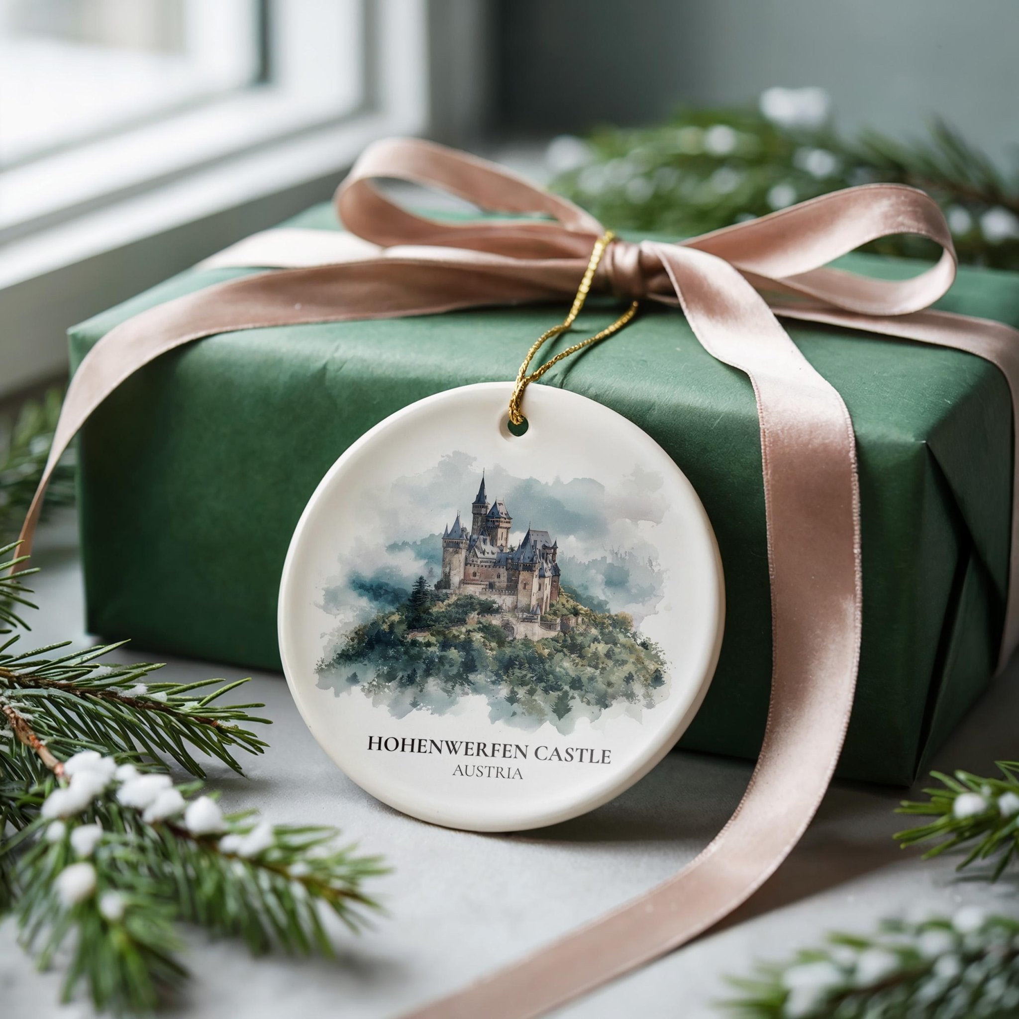 Hohenzollern Castle Germany Personalized Watercolor Ornament, Custom Ceramic Christmas gift, Travel Keepsake - CuteBeePix