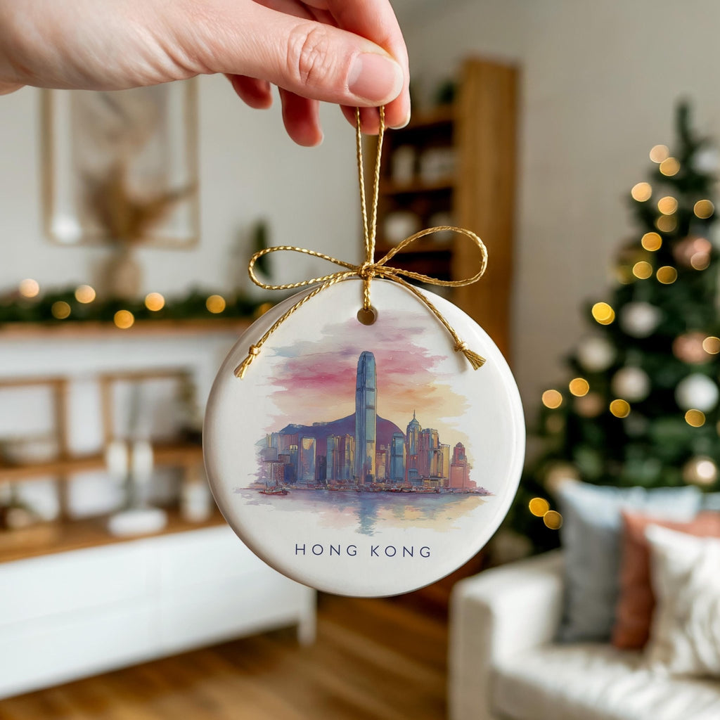 Hong Kong Personalized Watercolor Ornament, Custom Ceramic Christmas gift, Travel Keepsake - CuteBeePix