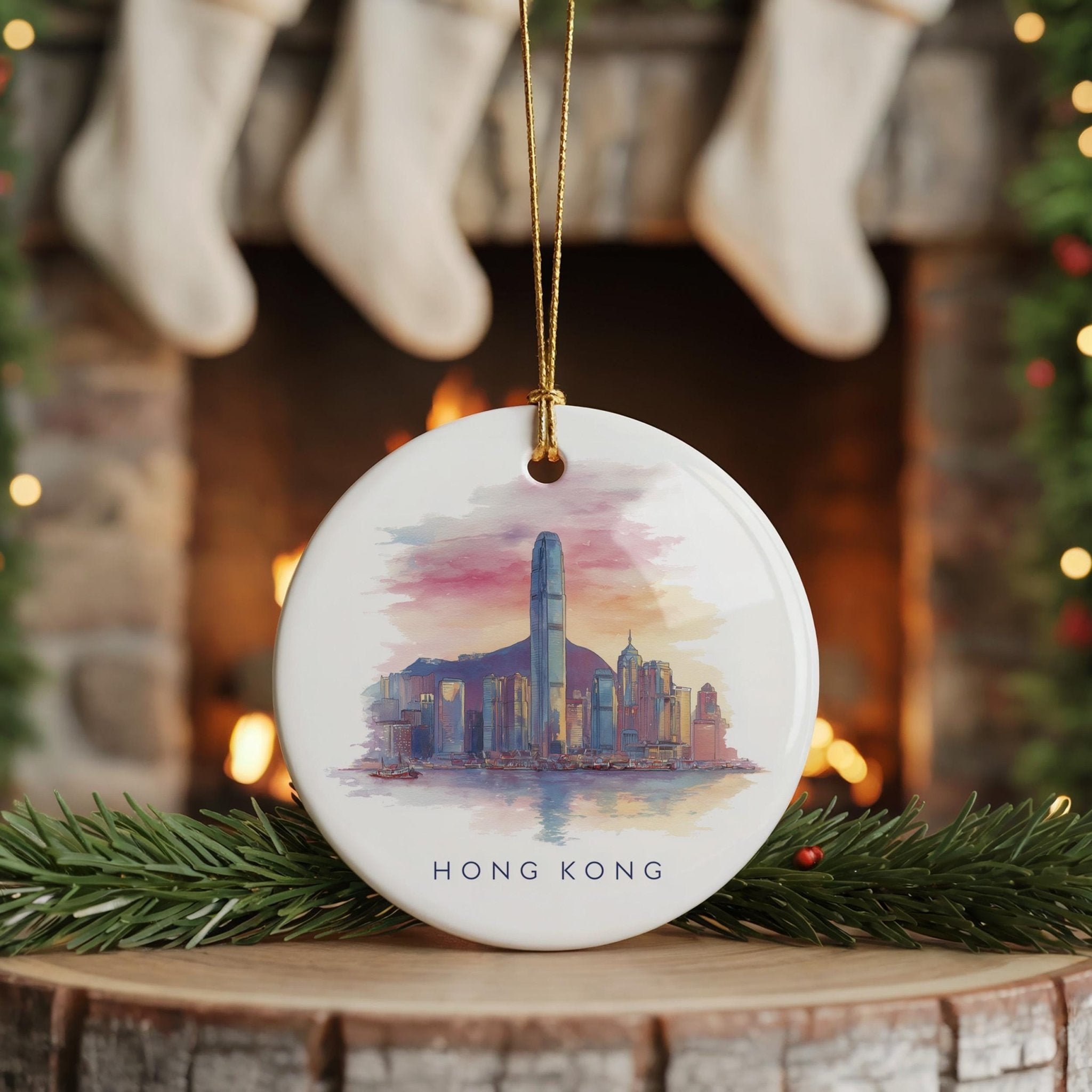 Hong Kong Personalized Watercolor Ornament, Custom Ceramic Christmas gift, Travel Keepsake - CuteBeePix