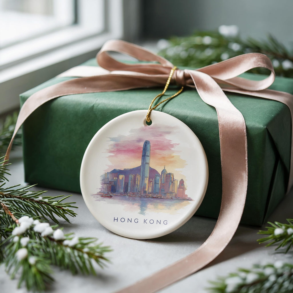 Hong Kong Personalized Watercolor Ornament, Custom Ceramic Christmas gift, Travel Keepsake - CuteBeePix