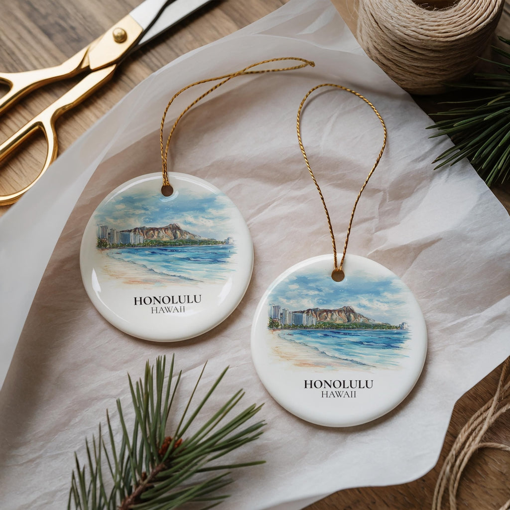 Honolulu Hawaii Custom Watercolor Ornament, Personalized Ceramic Christmas gift, Travel Keepsake - CuteBeePix