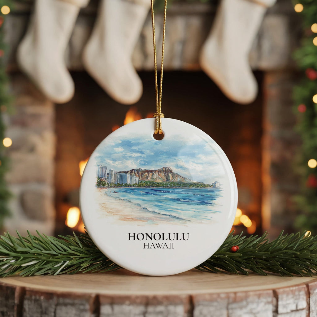 Honolulu Hawaii Custom Watercolor Ornament, Personalized Ceramic Christmas gift, Travel Keepsake - CuteBeePix