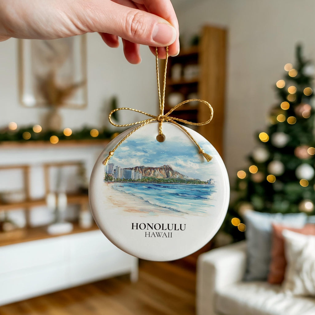 Honolulu Hawaii Custom Watercolor Ornament, Personalized Ceramic Christmas gift, Travel Keepsake - CuteBeePix