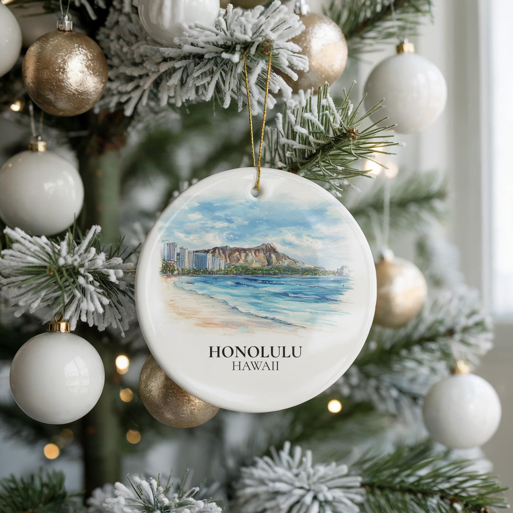 Honolulu Hawaii Custom Watercolor Ornament, Personalized Ceramic Christmas gift, Travel Keepsake - CuteBeePix