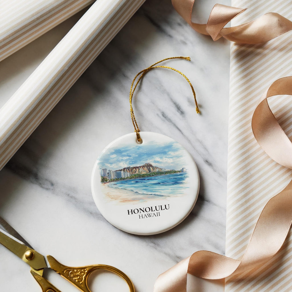 Honolulu Hawaii Custom Watercolor Ornament, Personalized Ceramic Christmas gift, Travel Keepsake - CuteBeePix