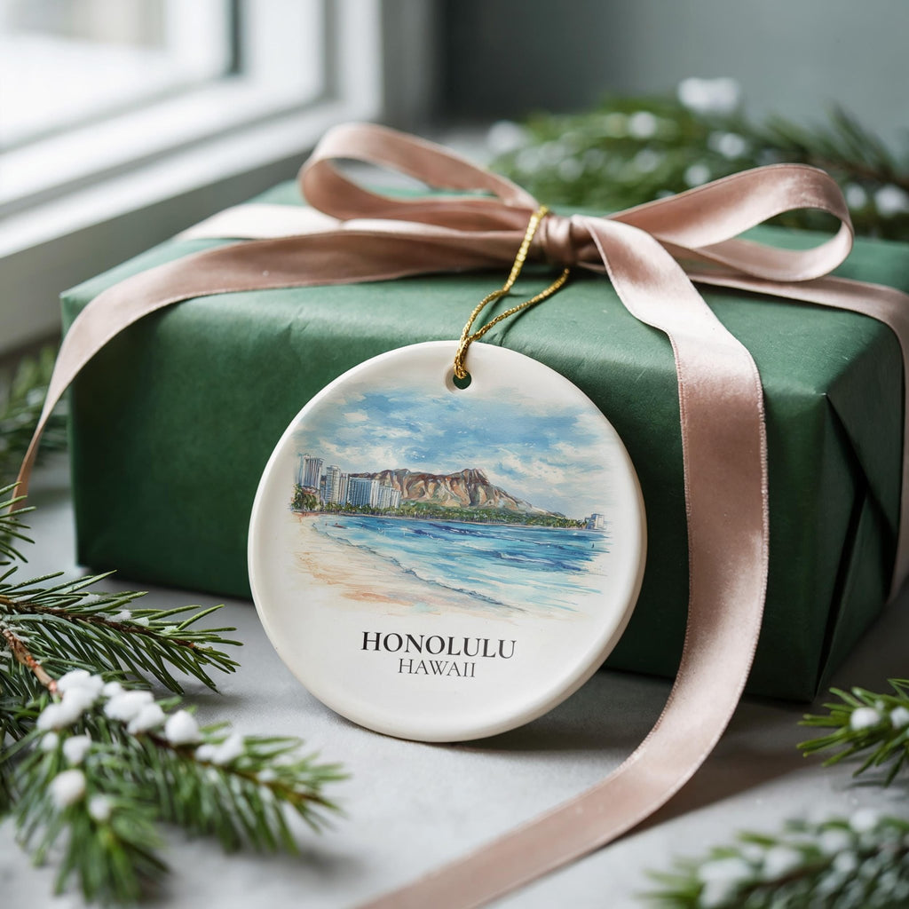Honolulu Hawaii Custom Watercolor Ornament, Personalized Ceramic Christmas gift, Travel Keepsake - CuteBeePix