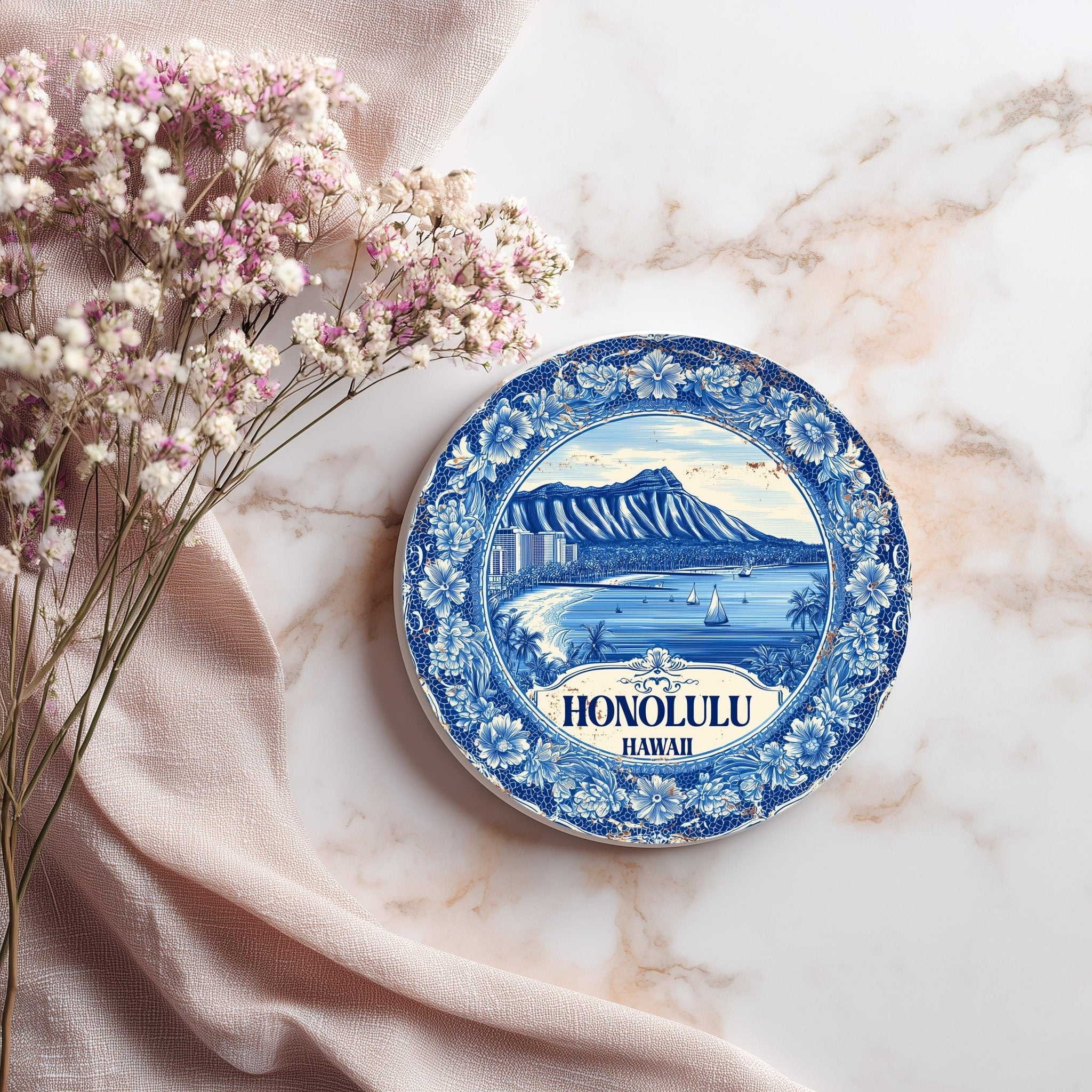 Honolulu Hawaii Delftware Ceramic Coaster, Blue White Travel Gift, Vintage Home Decor Collectible - CuteBeePix
