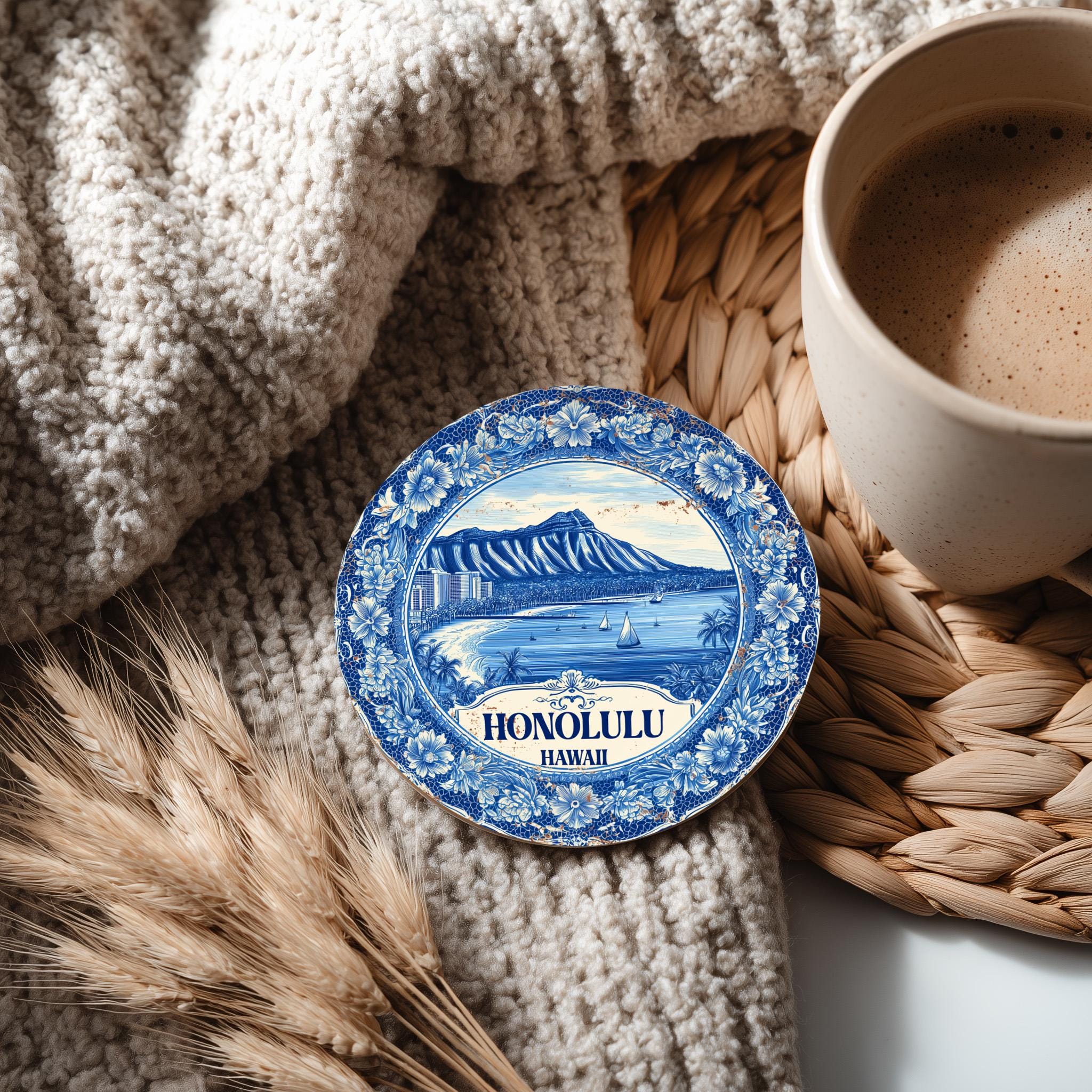 Honolulu Hawaii Delftware Ceramic Coaster, Blue White Travel Gift, Vintage Home Decor Collectible - CuteBeePix
