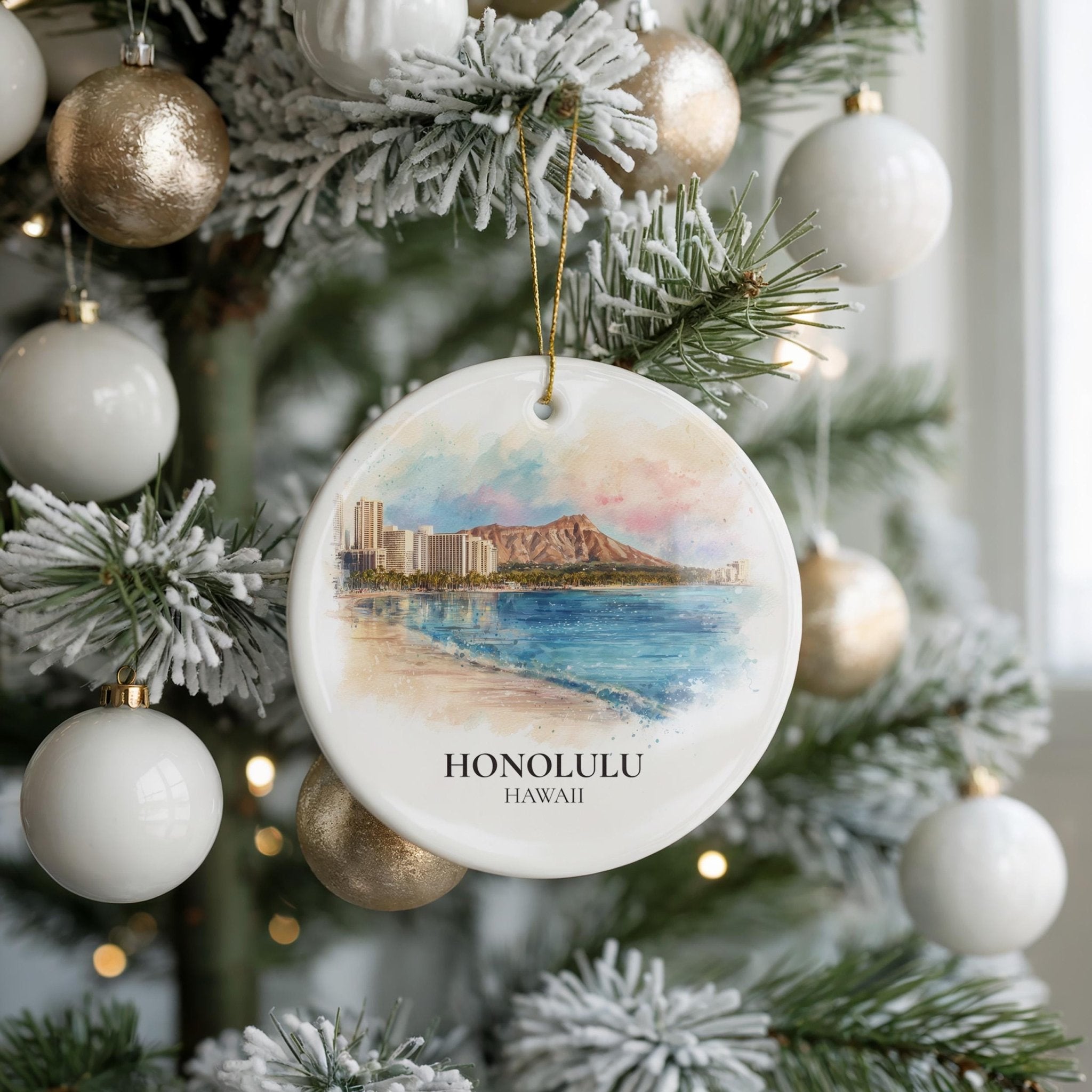 Honolulu Hawaii Personalized Watercolor Ornament, Custom Ceramic Christmas gift, Travel Keepsake - CuteBeePix