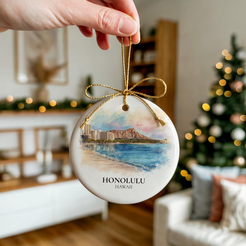 Honolulu Hawaii Personalized Watercolor Ornament, Custom Ceramic Christmas gift, Travel Keepsake - CuteBeePix