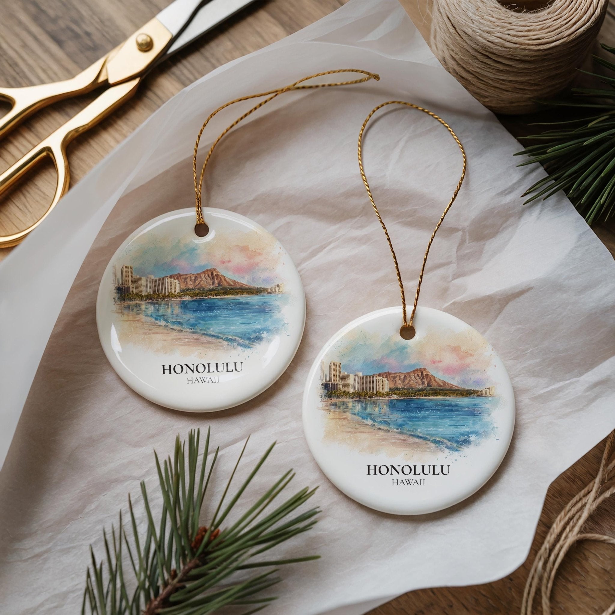 Honolulu Hawaii Personalized Watercolor Ornament, Custom Ceramic Christmas gift, Travel Keepsake - CuteBeePix