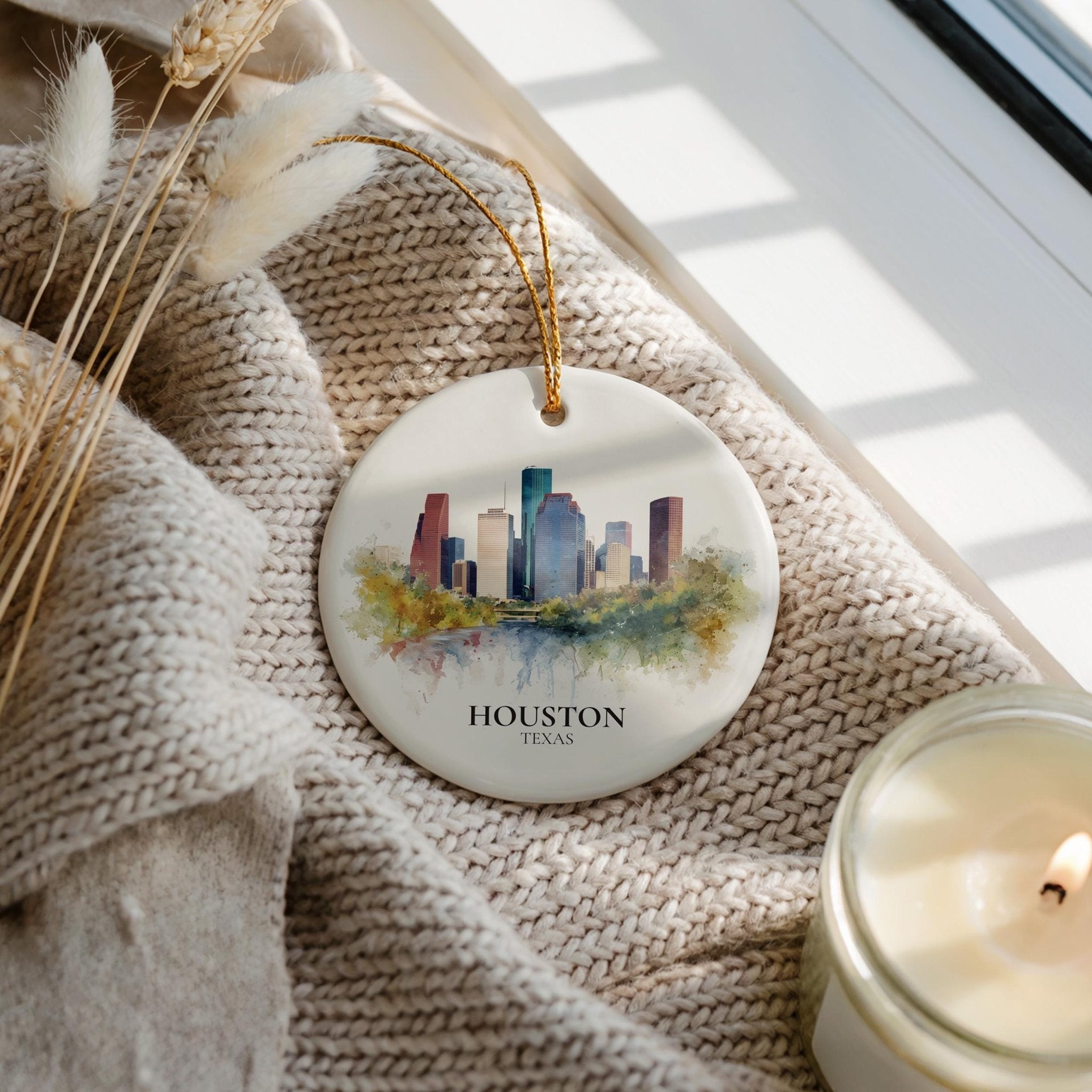 Houston Custom Watercolor Ornament, Texas Personalized Ceramic Christmas gift, Travel Keepsake - CuteBeePix