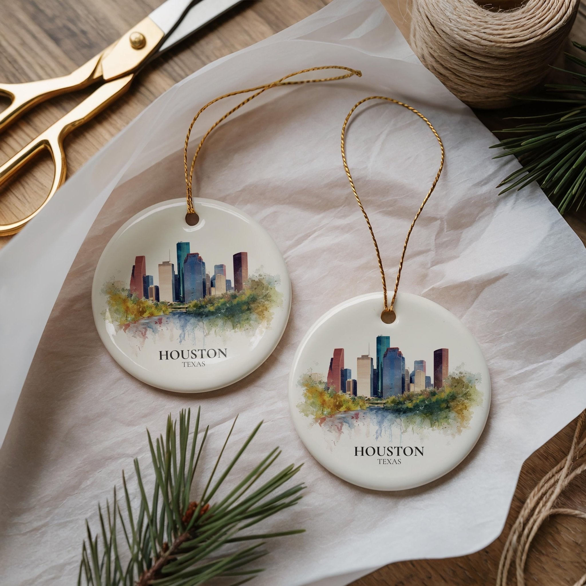 Houston Custom Watercolor Ornament, Texas Personalized Ceramic Christmas gift, Travel Keepsake - CuteBeePix