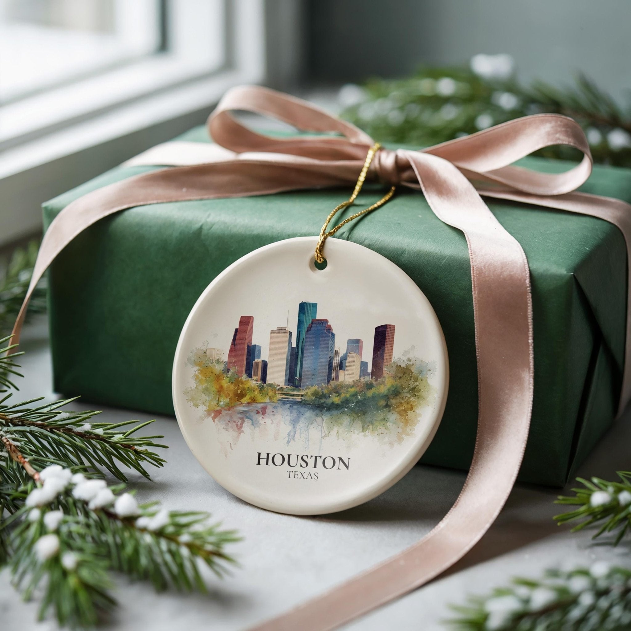 Houston Custom Watercolor Ornament, Texas Personalized Ceramic Christmas gift, Travel Keepsake - CuteBeePix