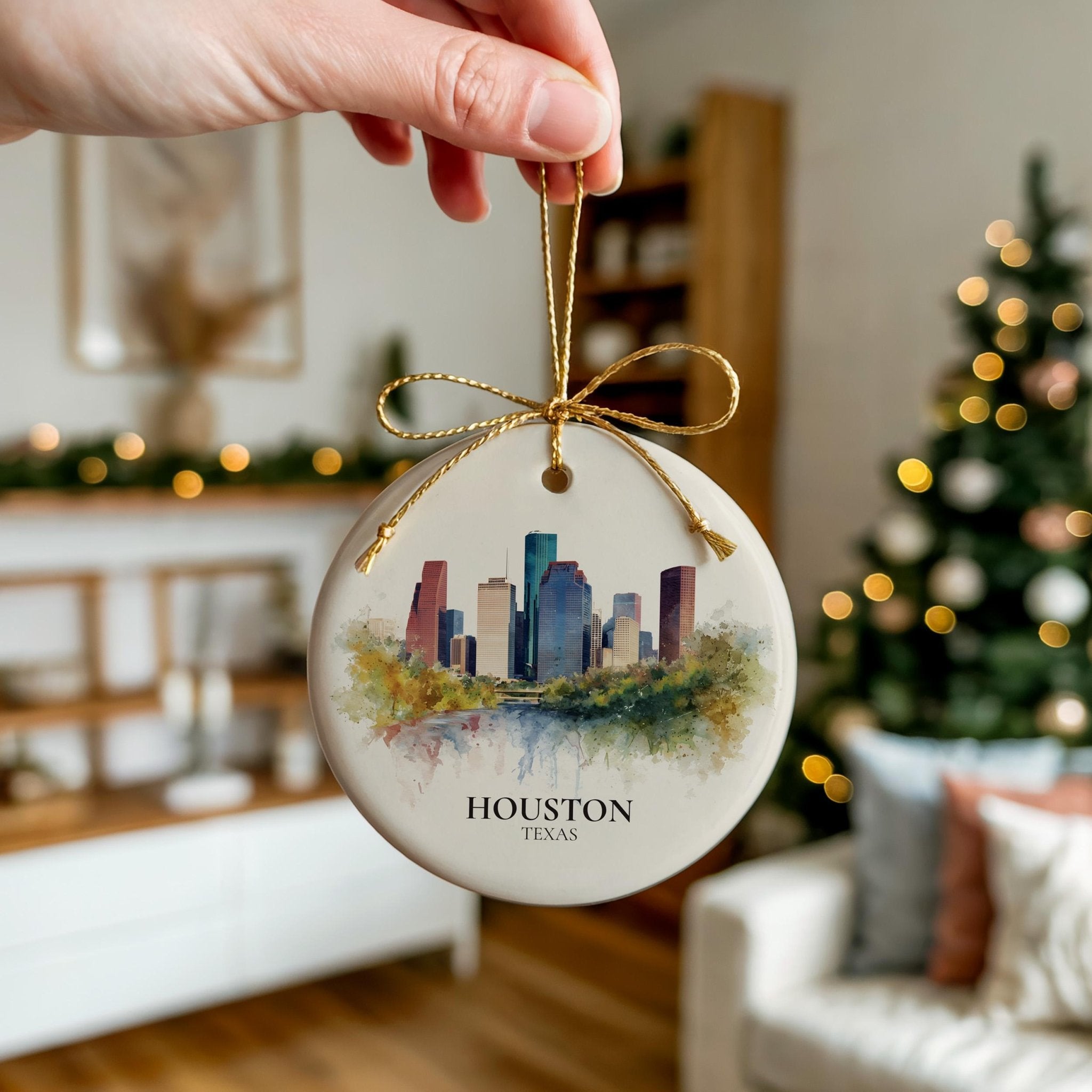 Houston Custom Watercolor Ornament, Texas Personalized Ceramic Christmas gift, Travel Keepsake - CuteBeePix