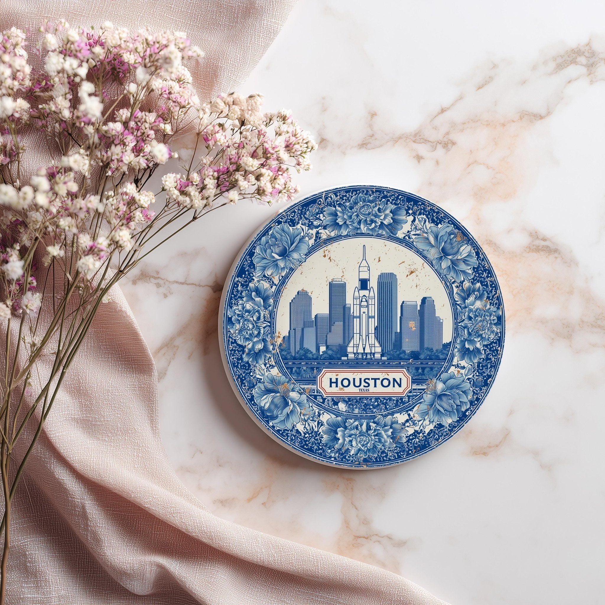 Houston Texas Delftware Ceramic Coaster, Blue White Travel Gift, Vintage Home Decor Collectible - CuteBeePix