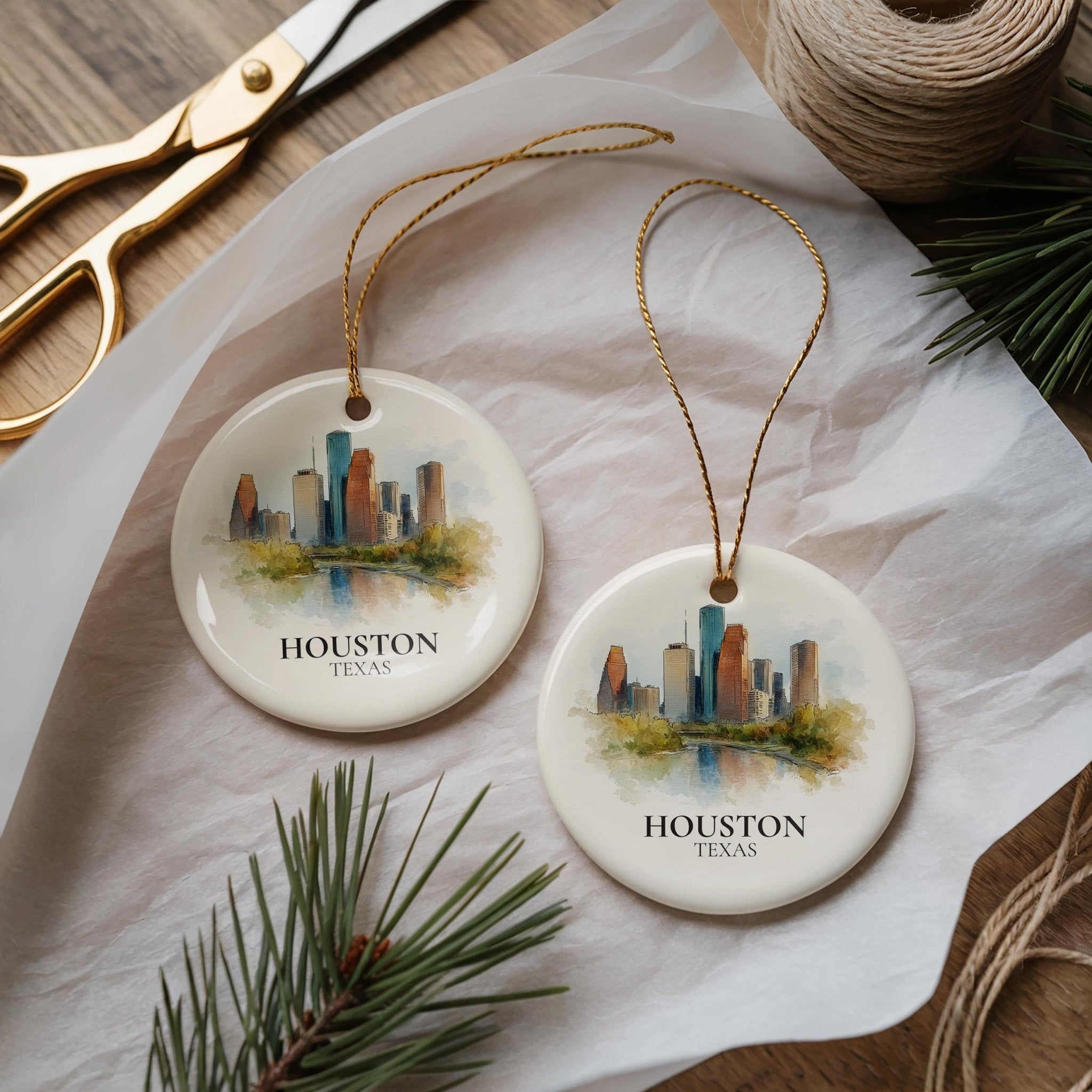 Houston Texas Personalized Watercolor Ornament, Custom Ceramic Christmas gift, Travel Keepsake - CuteBeePix