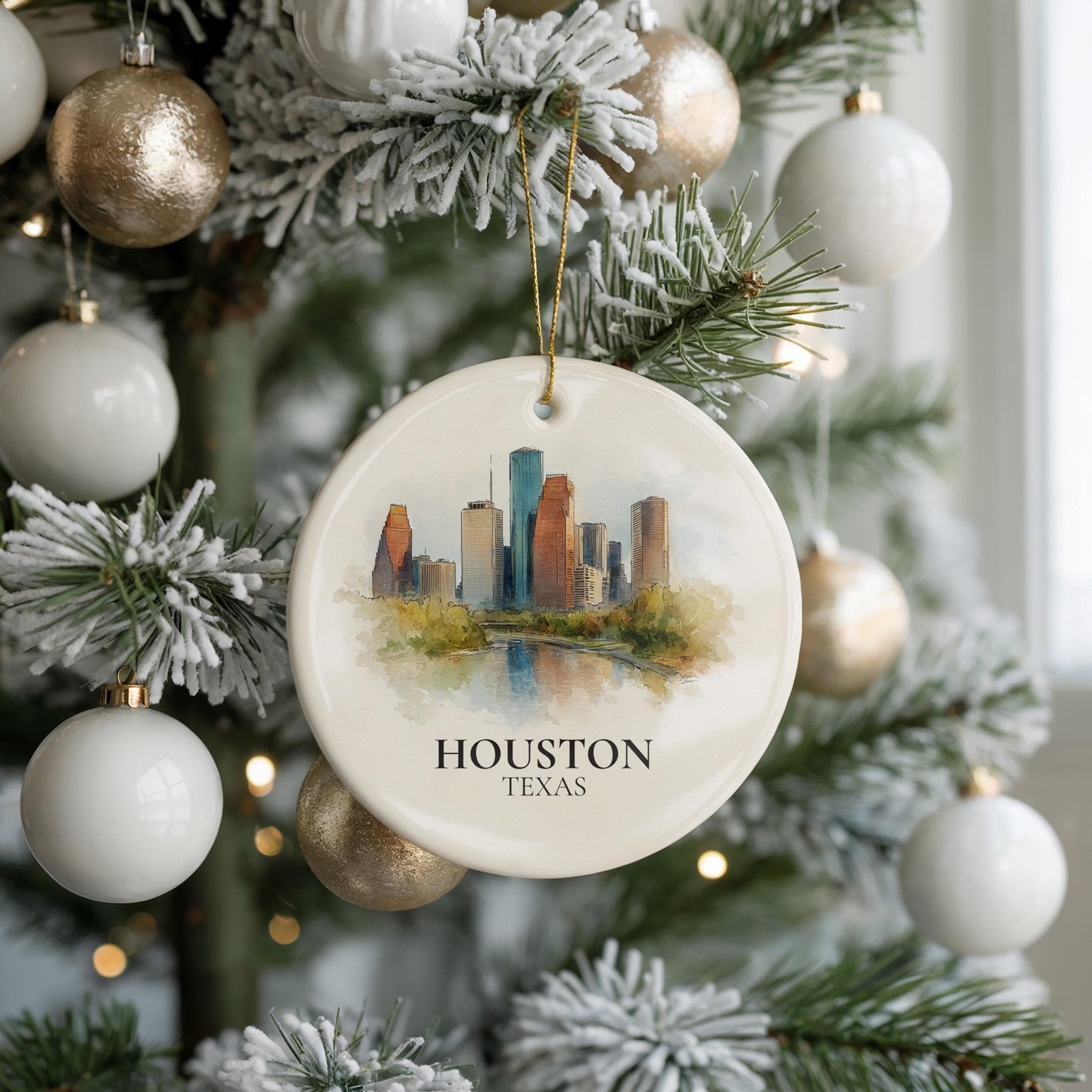 Houston Texas Personalized Watercolor Ornament, Custom Ceramic Christmas gift, Travel Keepsake - CuteBeePix