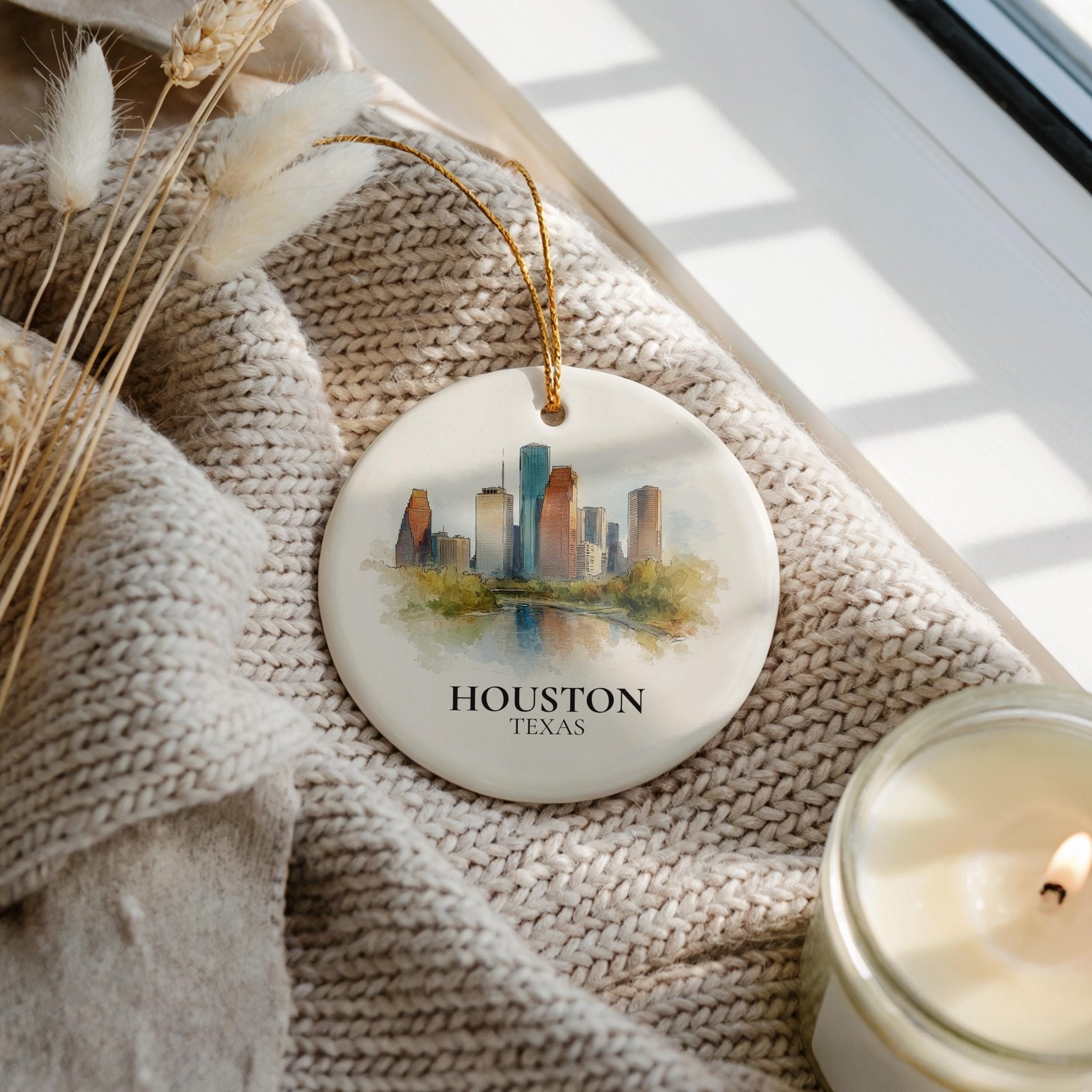 Houston Texas Personalized Watercolor Ornament, Custom Ceramic Christmas gift, Travel Keepsake - CuteBeePix