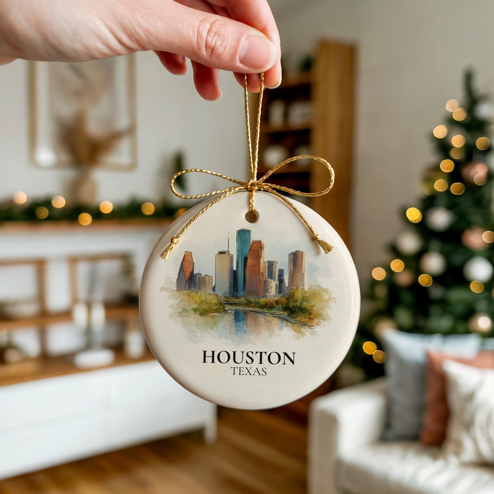 Houston Texas Personalized Watercolor Ornament, Custom Ceramic Christmas gift, Travel Keepsake - CuteBeePix