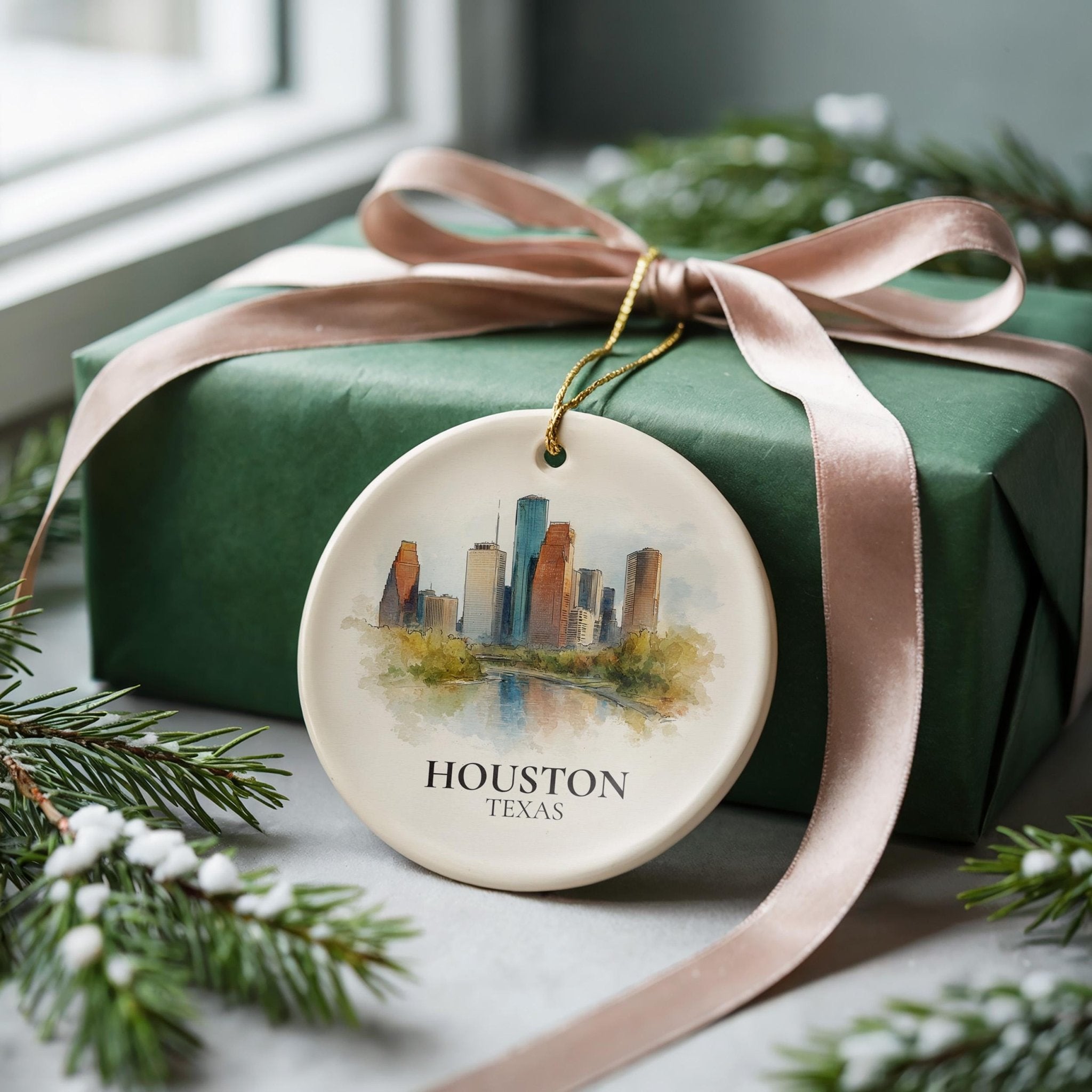 Houston Texas Personalized Watercolor Ornament, Custom Ceramic Christmas gift, Travel Keepsake - CuteBeePix