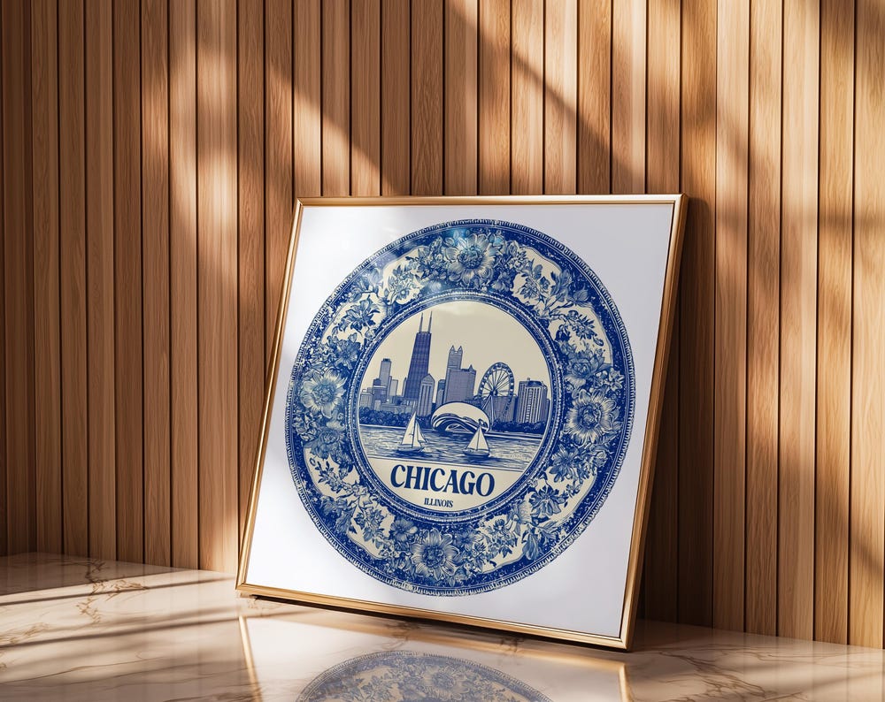 Chicago Illinois US Wall Art, Vintage Delft Blue Poster