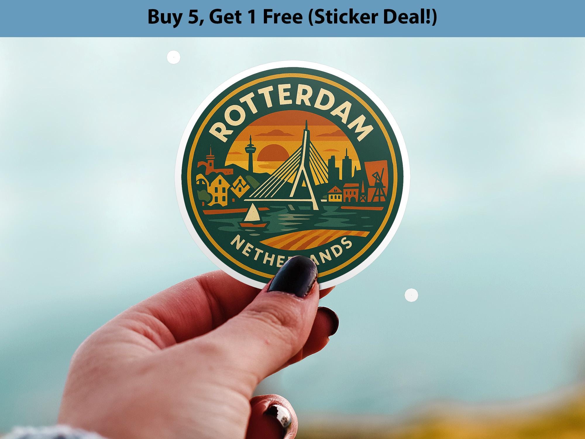 Rotterdam Netherlands Sticker Kiss-Cut Vinyl, Waterproof Decal, Retro Travel Lover Collection