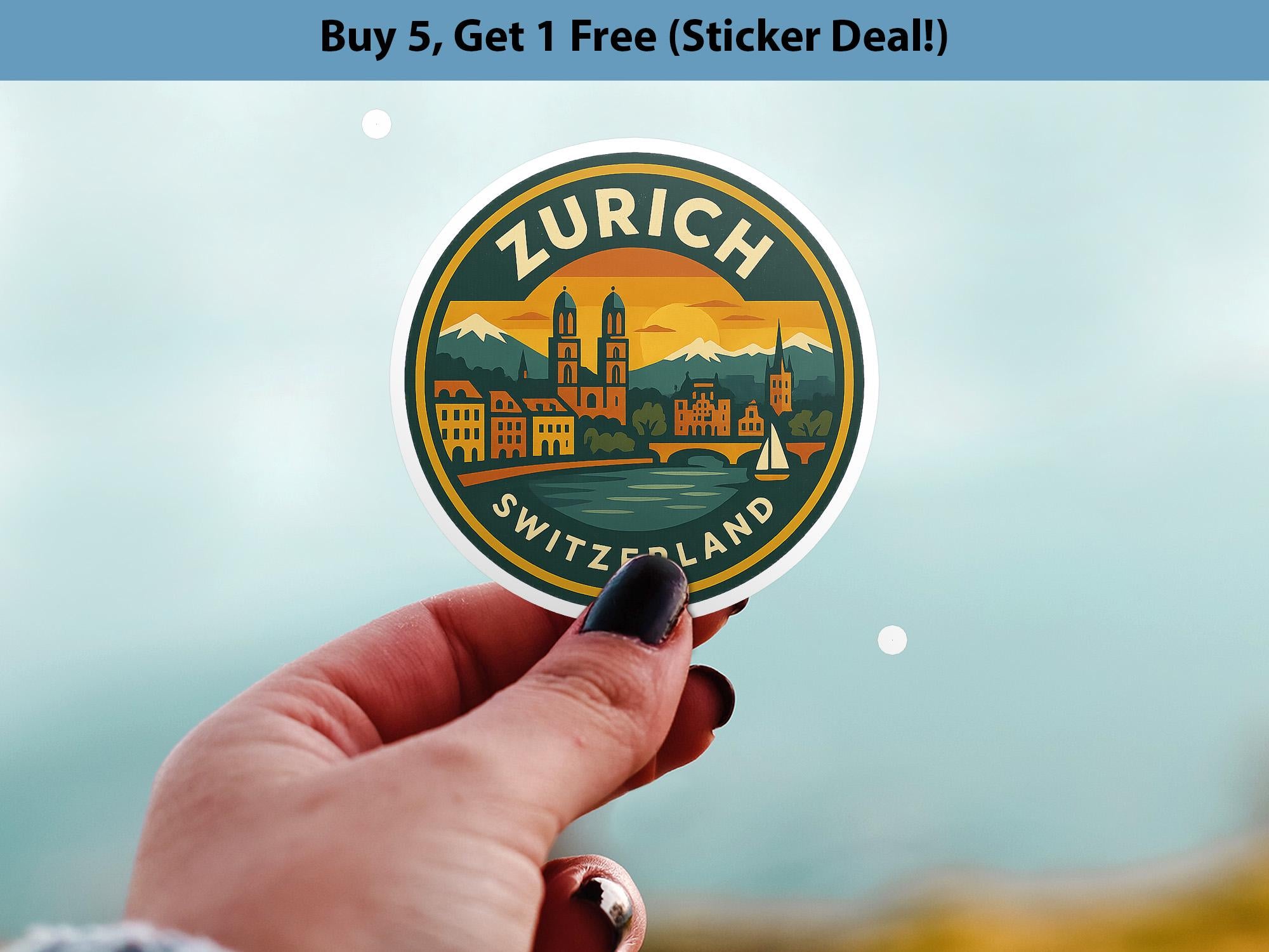 Zurich Switzerland Sticker Kiss-Cut Vinyl, Waterproof Decal, Retro Travel Lover Collection