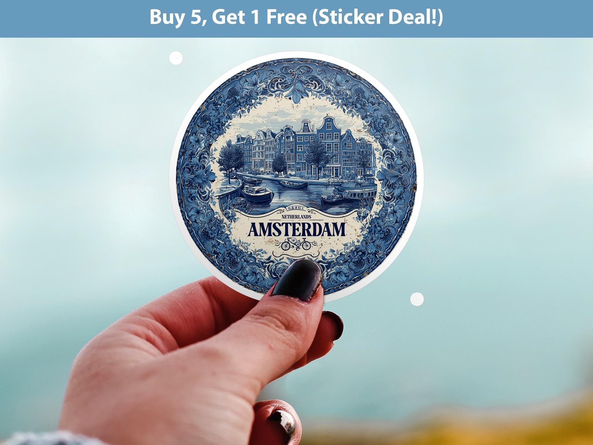 Amsterdam Netherlands Sticker Vintage Delft style, Delftware Decal Waterproof Vinyl, Blue City Travel