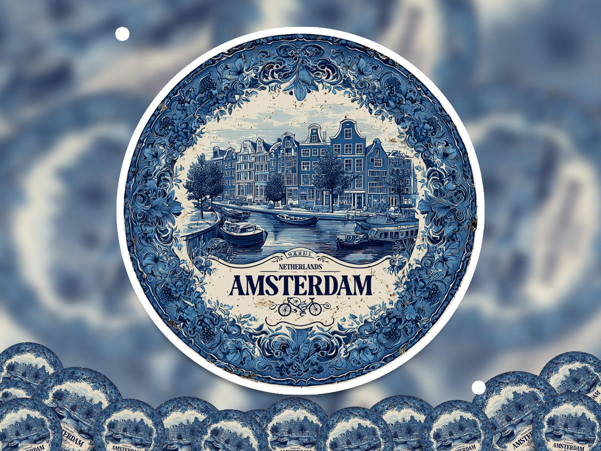 Amsterdam Netherlands Sticker Vintage Delft style, Delftware Decal Waterproof Vinyl, Blue City Travel