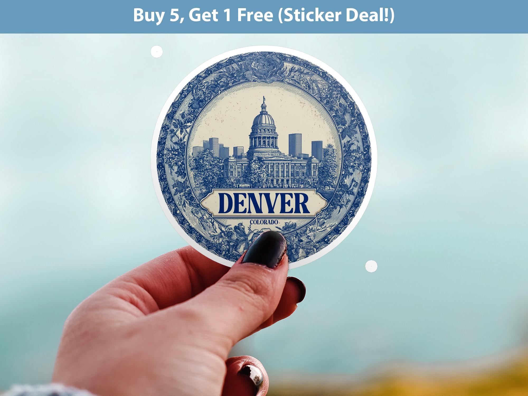 Denver Colorado Sticker Vintage Delft style, Delftware Decal Waterproof Vinyl, Blue City Travel