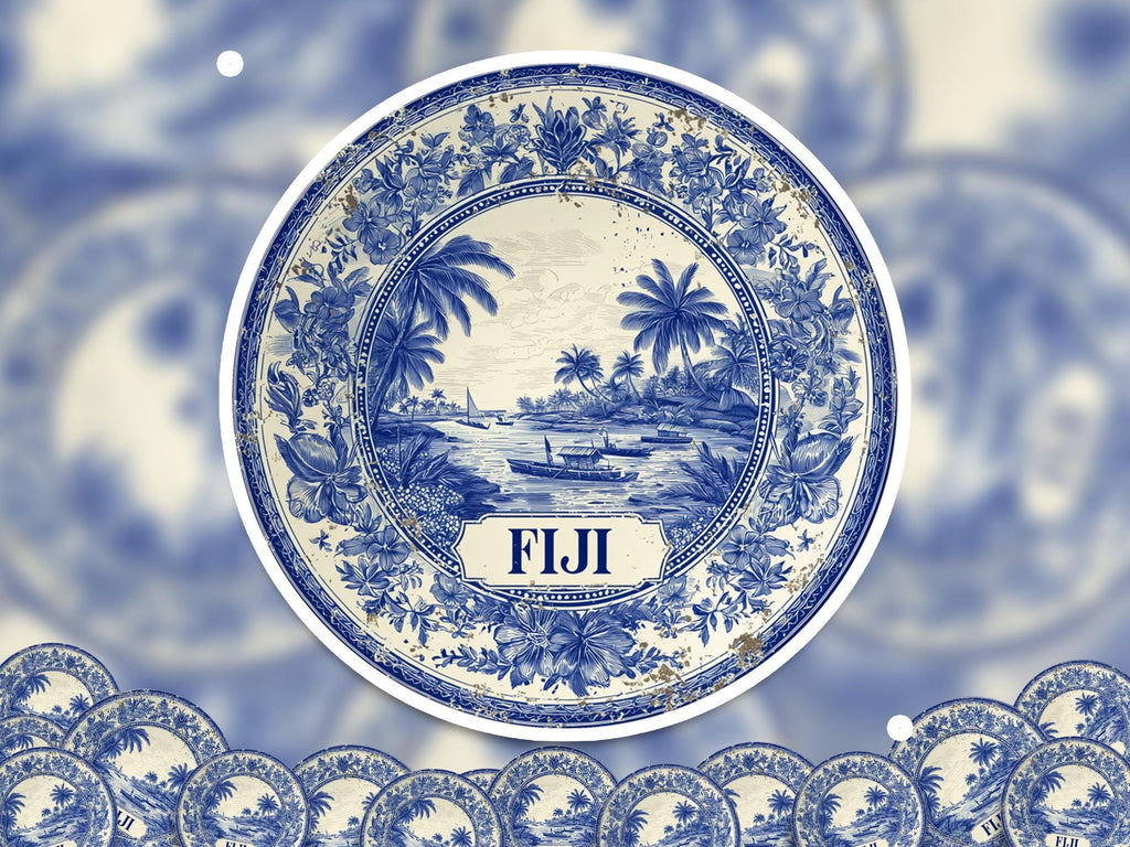 Fiji Sticker Vintage Delft style, Delftware Decal Waterproof Vinyl, Blue City Travel