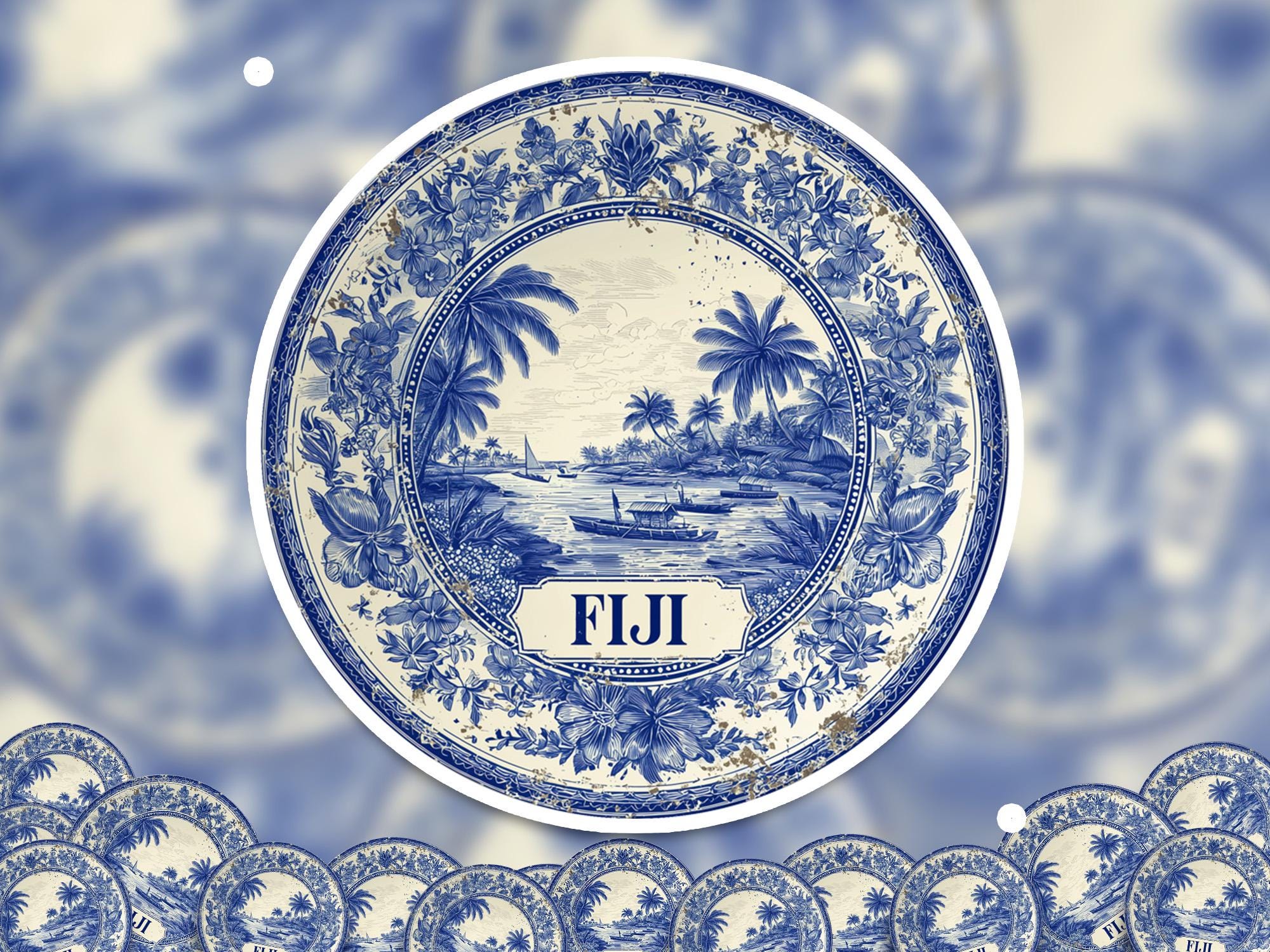 Fiji Sticker Vintage Delft style, Delftware Decal Waterproof Vinyl, Blue City Travel