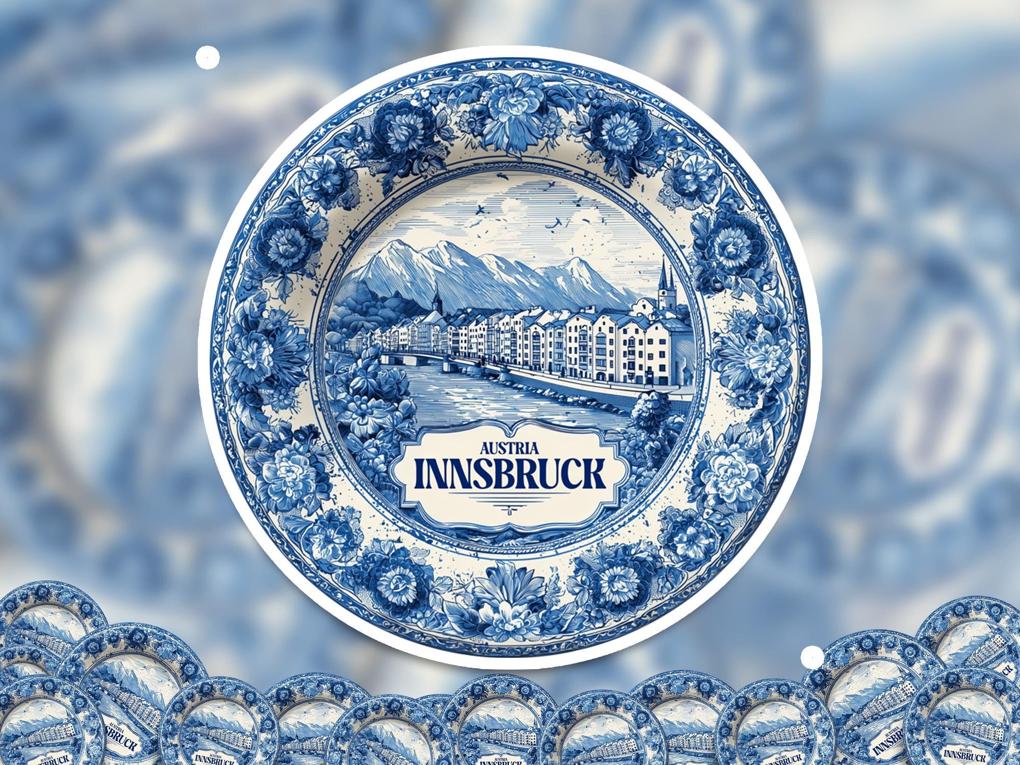 Innsbruck Austria Sticker Vintage Delft style, Delftware Decal Waterproof Vinyl, Blue City Travel