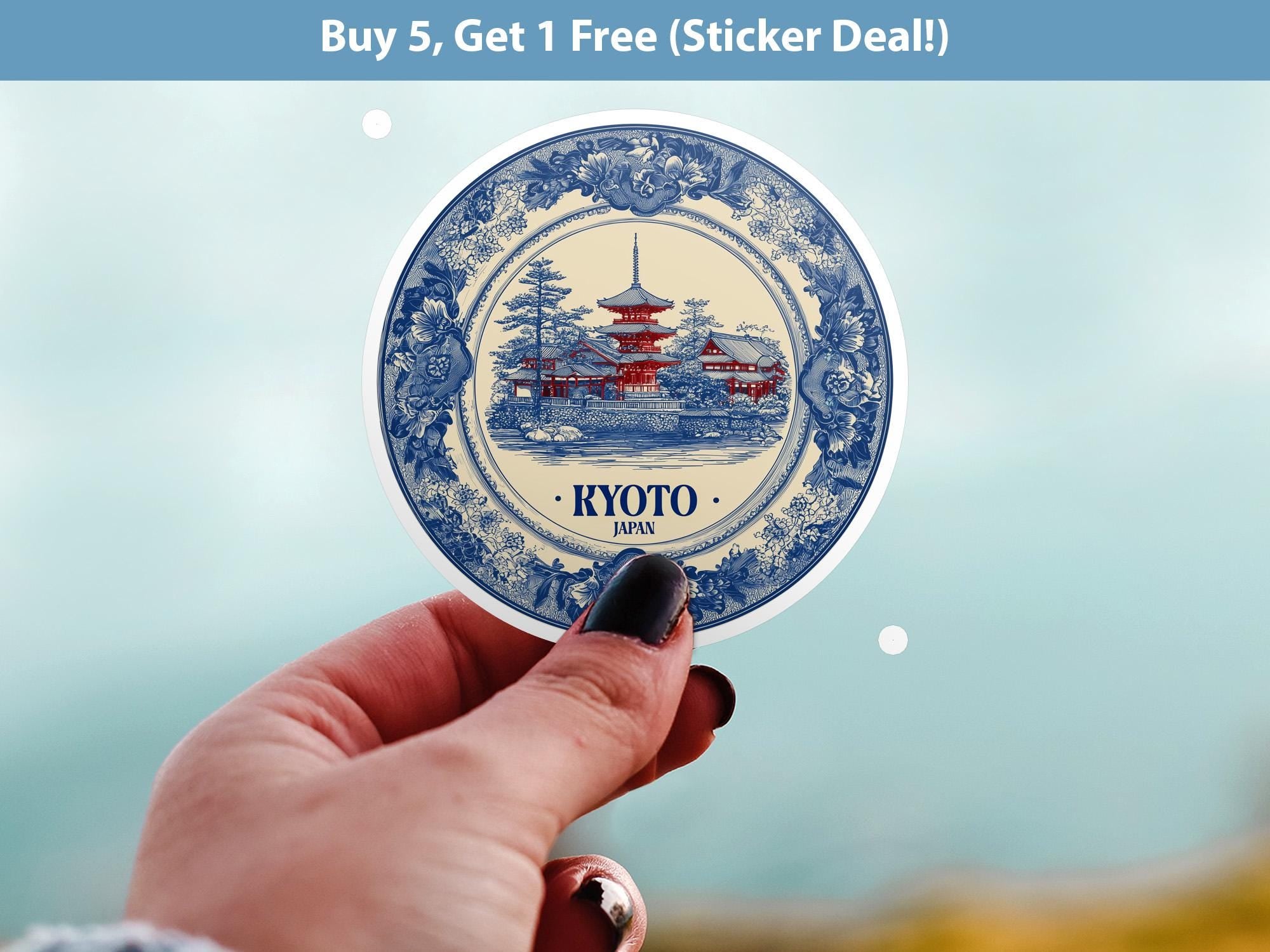 Kyoto Japan Sticker Vintage Delft style, Delftware Decal Waterproof Vinyl, Blue City Travel