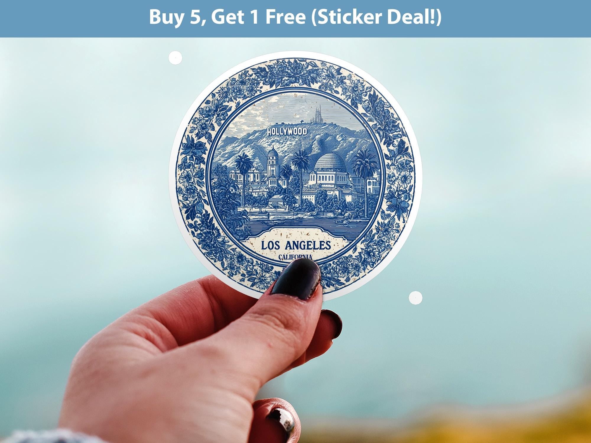 Los Angeles California Sticker Vintage Delft style, Delftware Decal Waterproof Vinyl, Blue City Travel USA