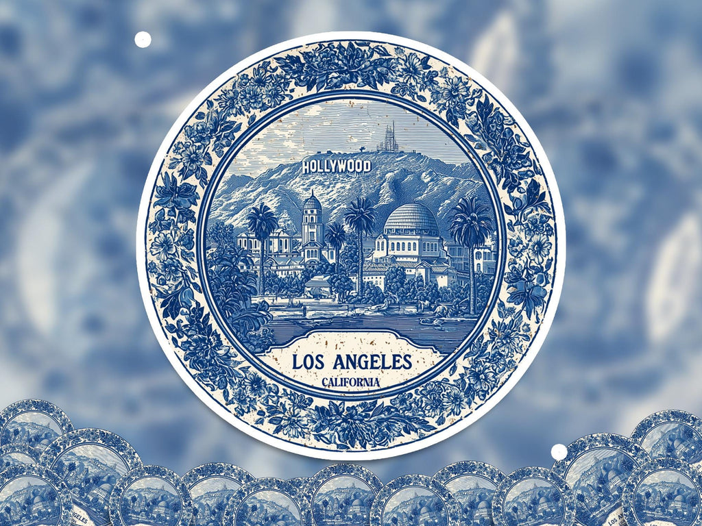 Los Angeles California Sticker Vintage Delft style, Delftware Decal Waterproof Vinyl, Blue City Travel USA